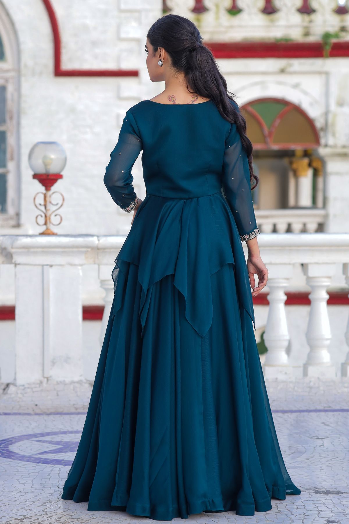 Back view of Peacock Majesty dress with layered skirt