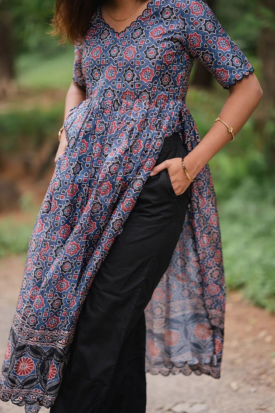 a woman in blue Piyo Ajarakh Kurta Set - Bullionknot