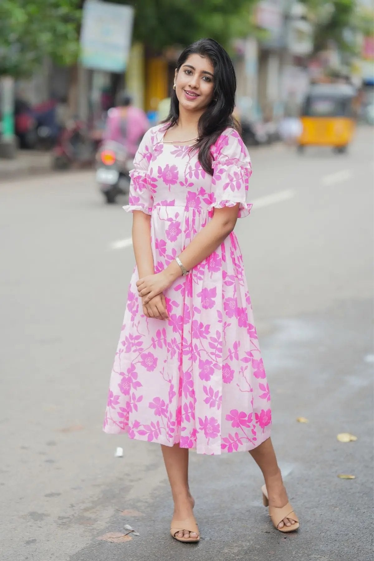 Polly Midi Dress in pink with floral print, featuring a square neckline and puffed sleeves, perfect for summer wear.