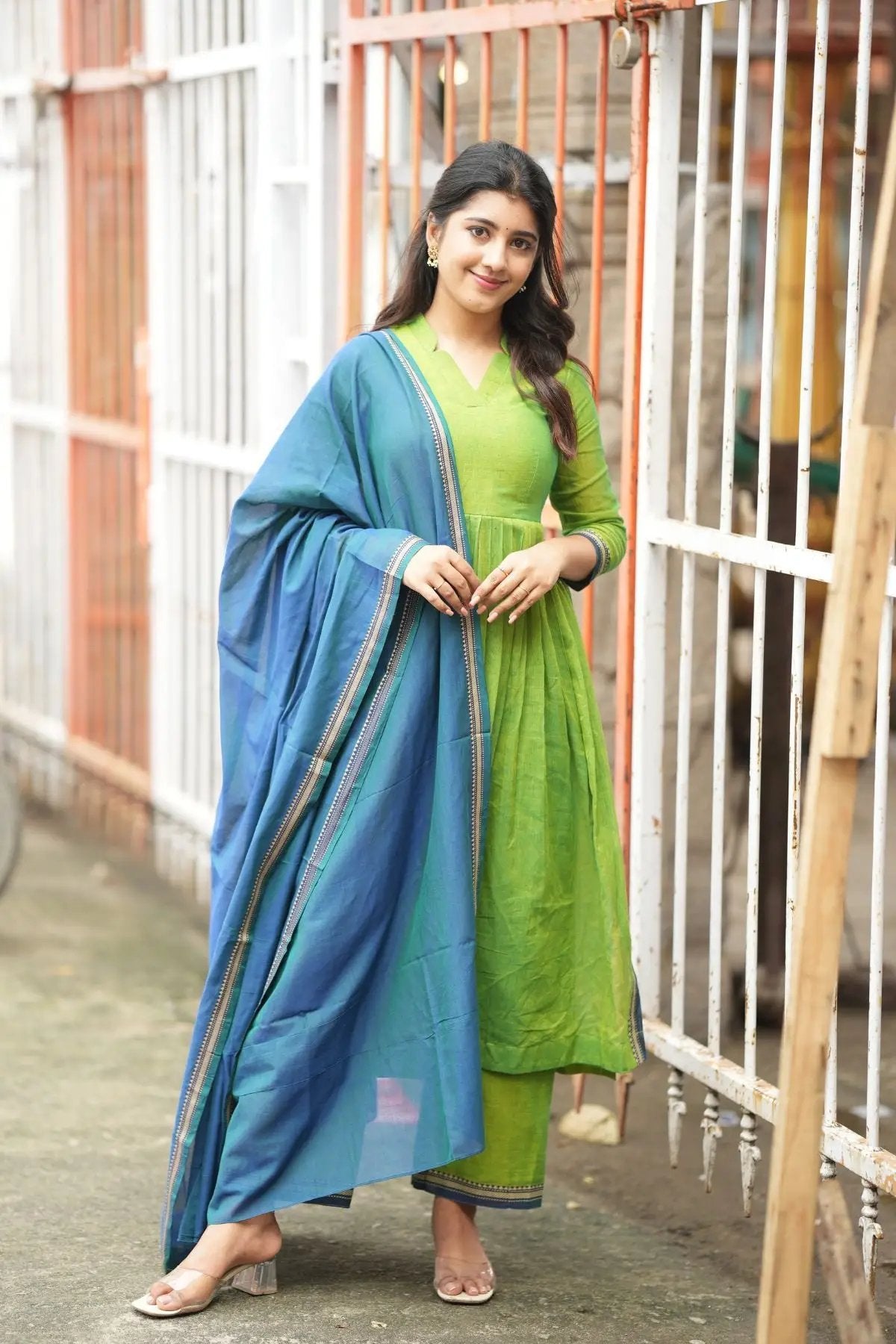 Full view of the Punaam Kurta Set in green paired with a blue dupatta, ideal for festive and traditional wear.