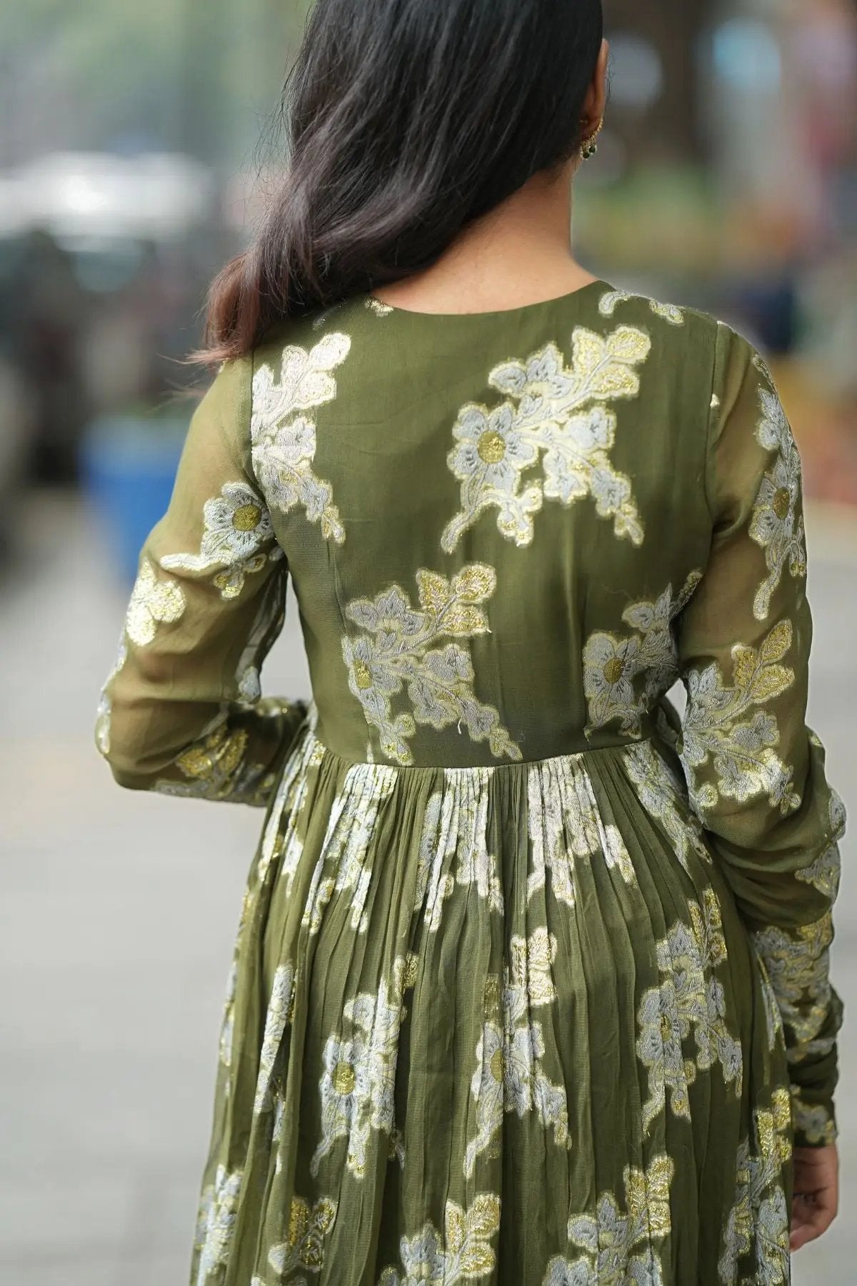 Rear close-up of the Maahi Kurta Set in Olive highlighting the floral embroidery and pleated detailing on the back.