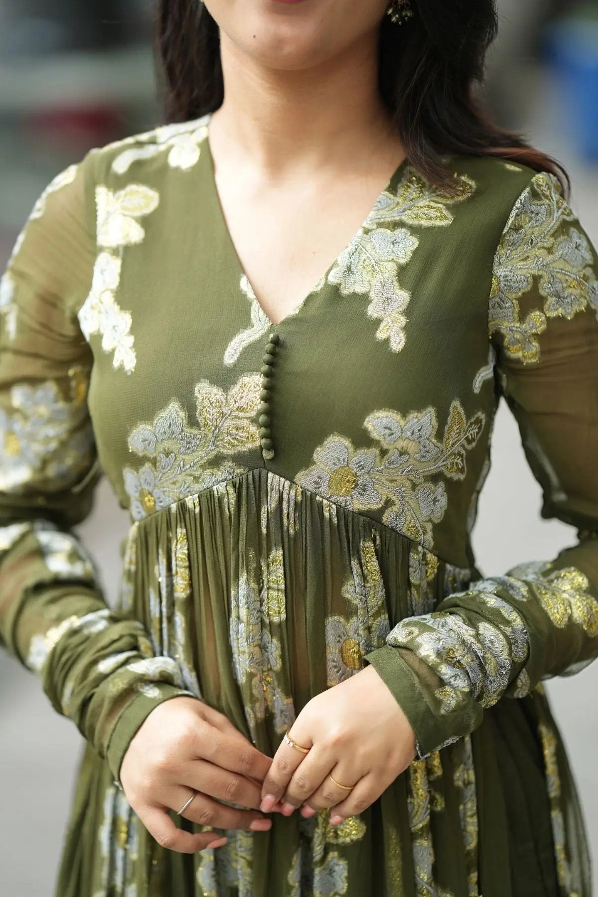 Detailed view of the Maahi Kurta Set in Olive highlighting the V-neckline, button accents, and delicate floral embroidery.