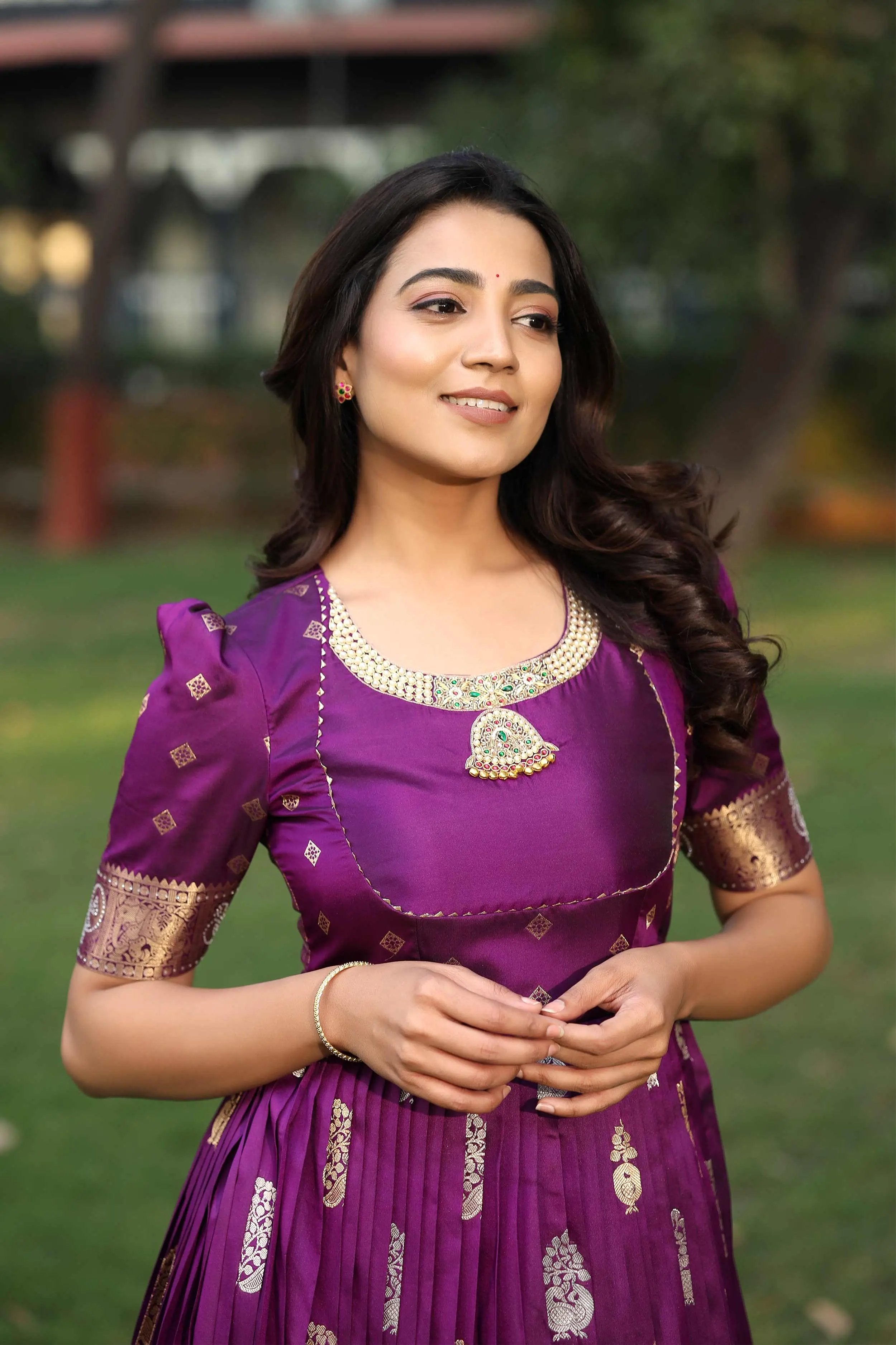 a woman in Prisha Purple Kanchi Border Pattu Anarkali dress - Bullionknot