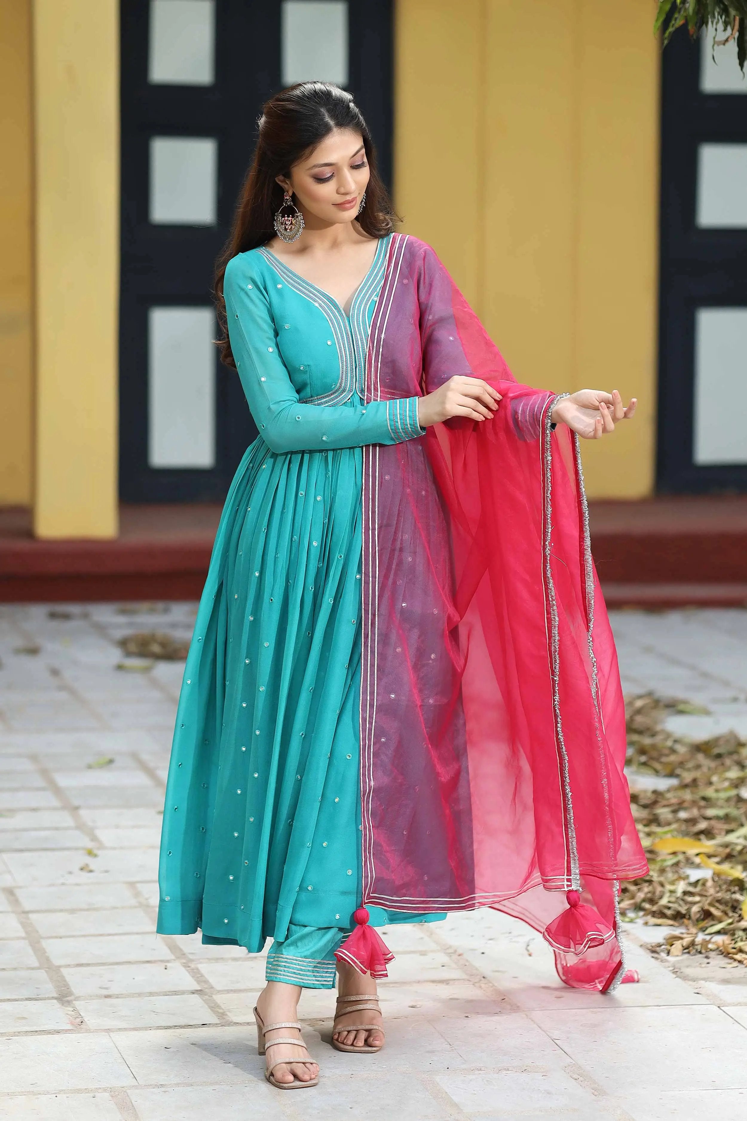 Blue Anarkali dress and Red Dupatta