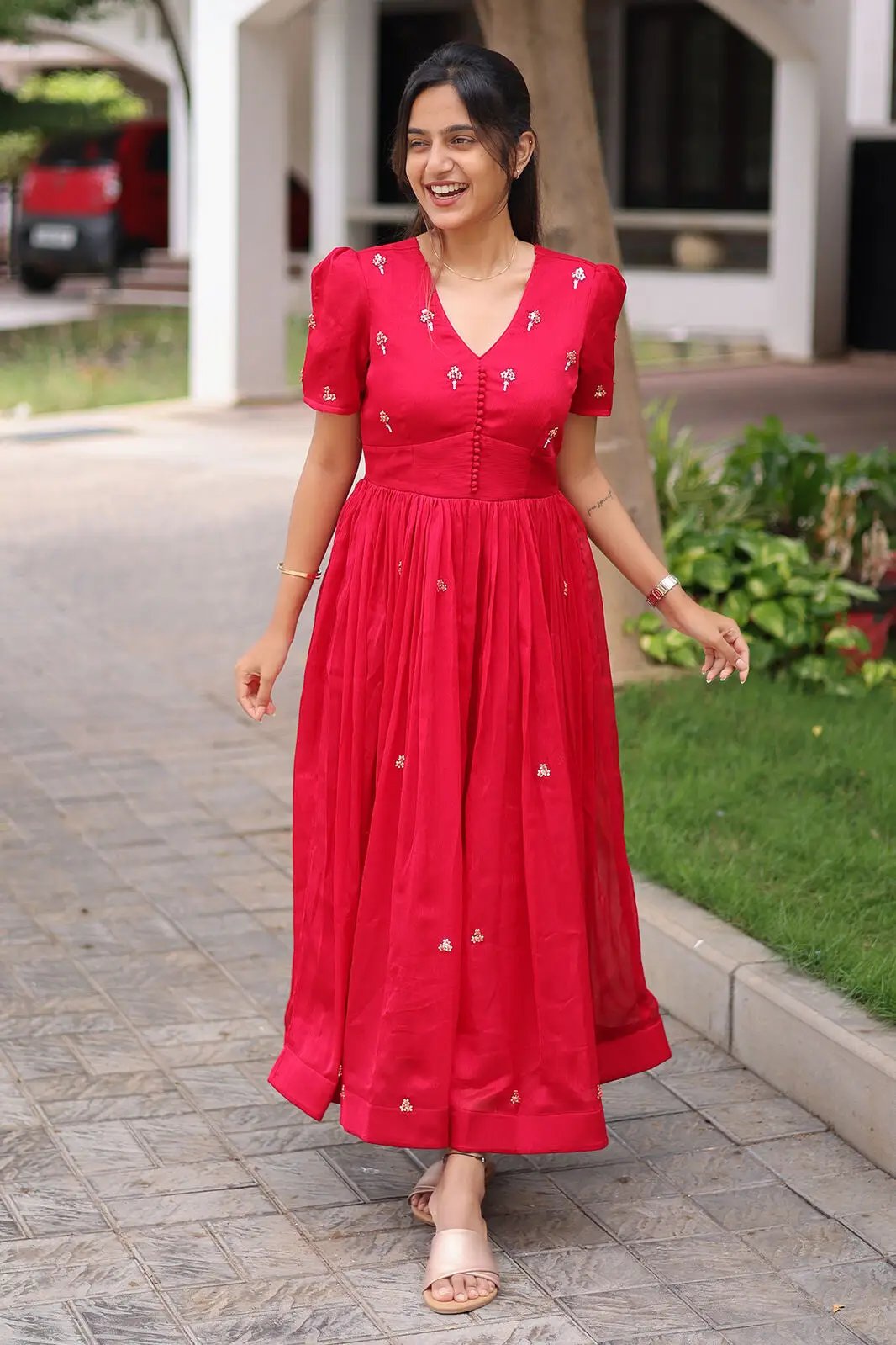 Full view of Radiant Ruby Midi Dress in red