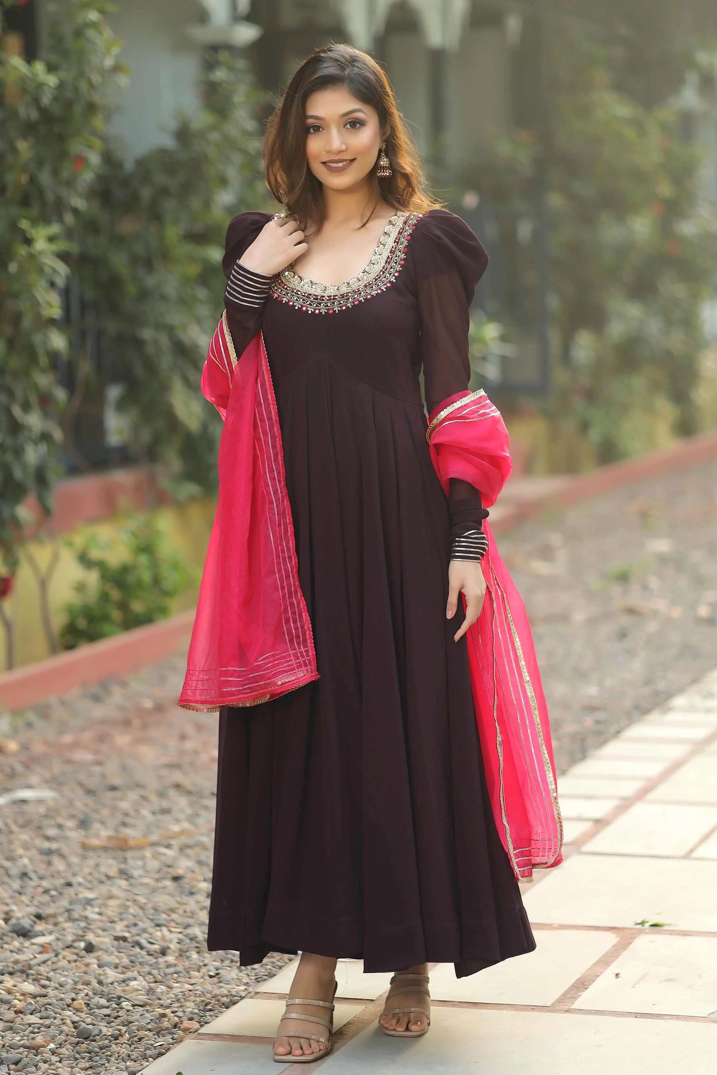 Royal Brown Anarkali Set with Dupatta - Bullionknot