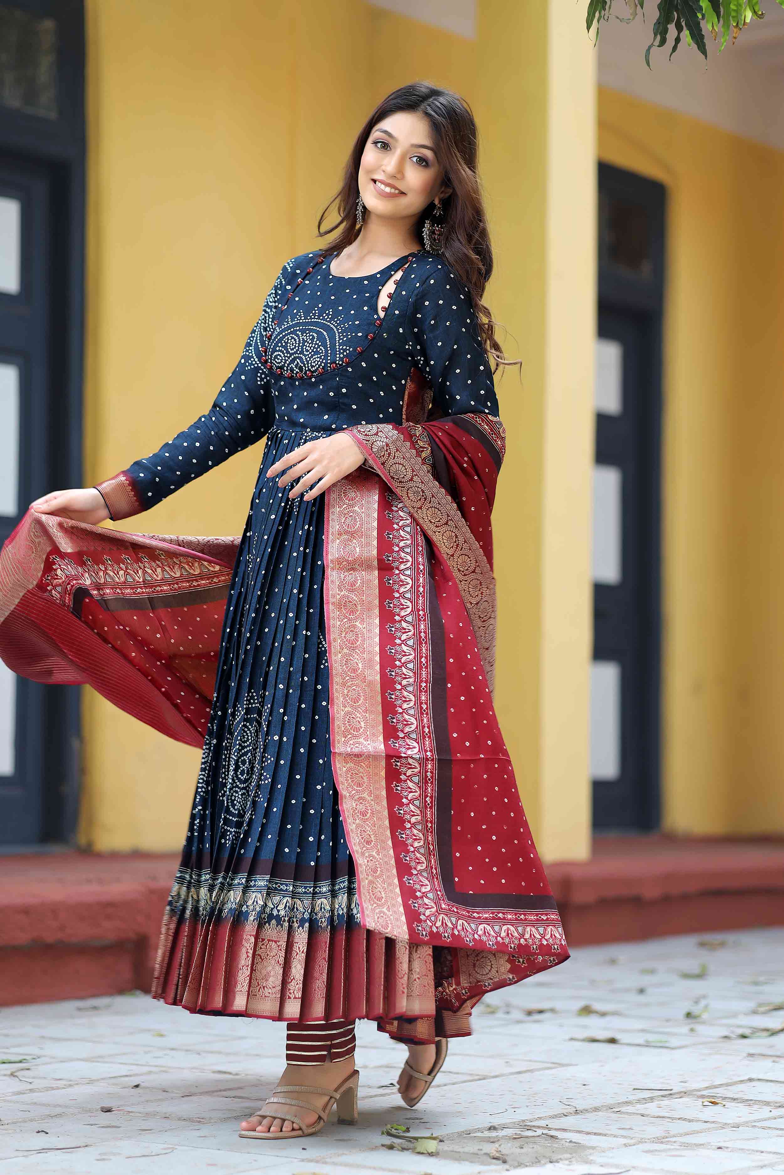 a woman in blue Anarkali dress