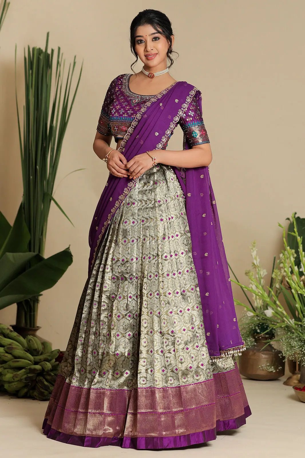 Front view of Shreshtha purple half saree lehenga