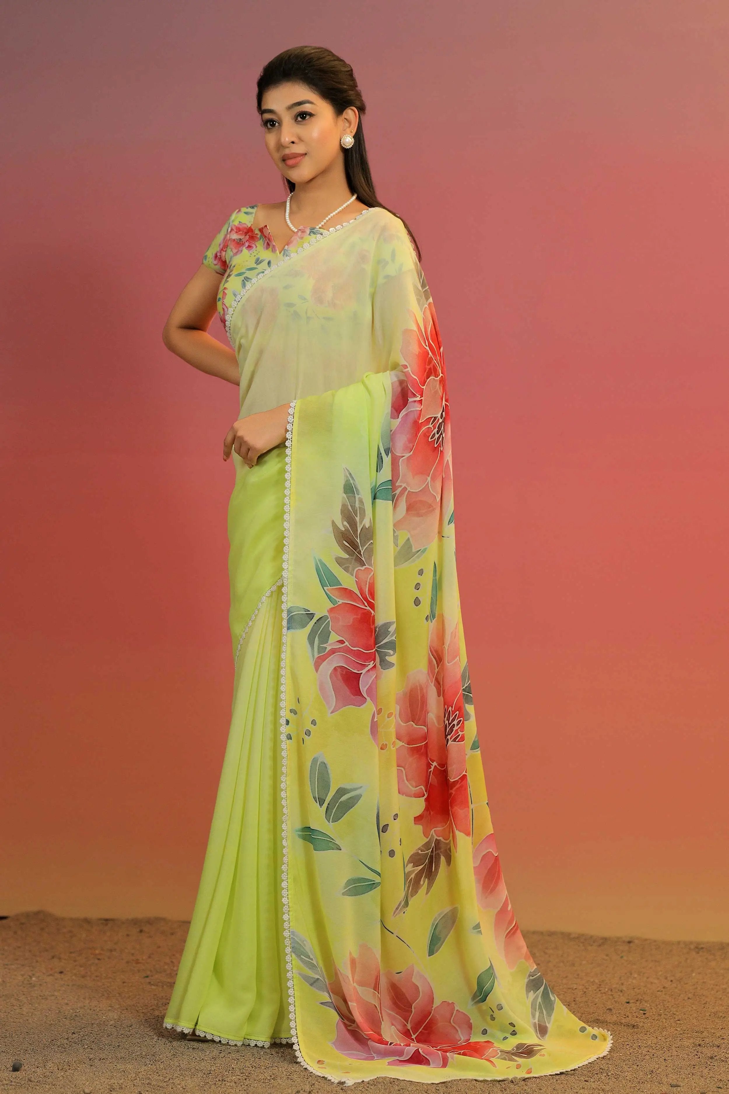 a woman in cotton georgette lemon yellow Spray Rose Saree - Bullionknot