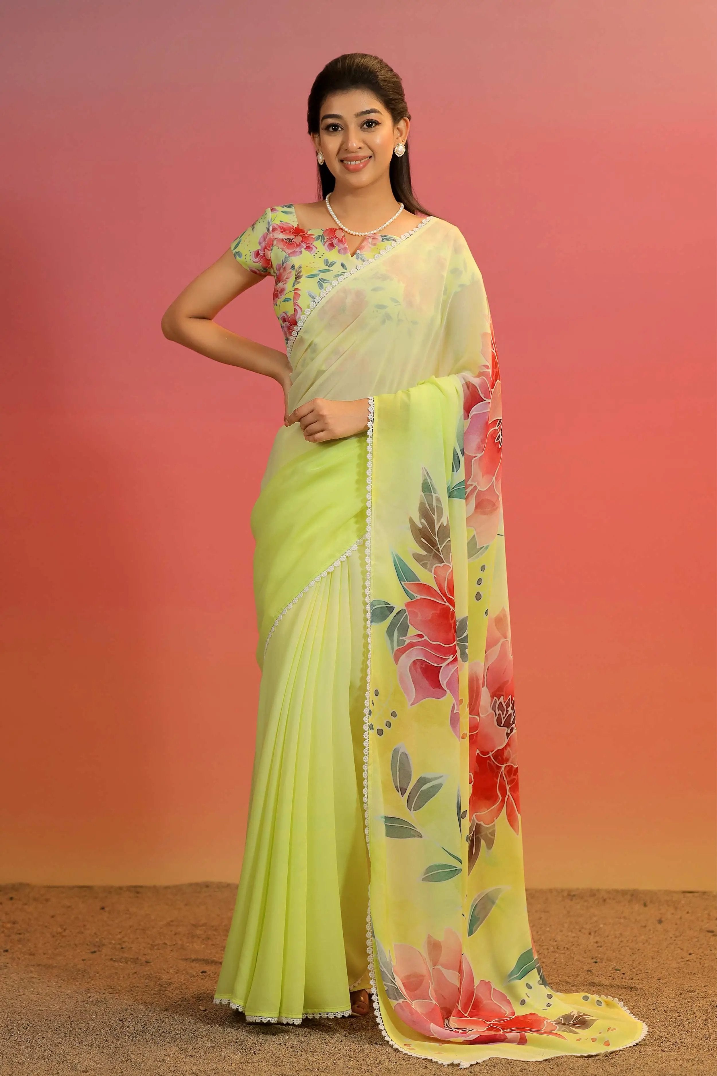 a woman in lemon yellow Spray Rose Saree - Bullionknot