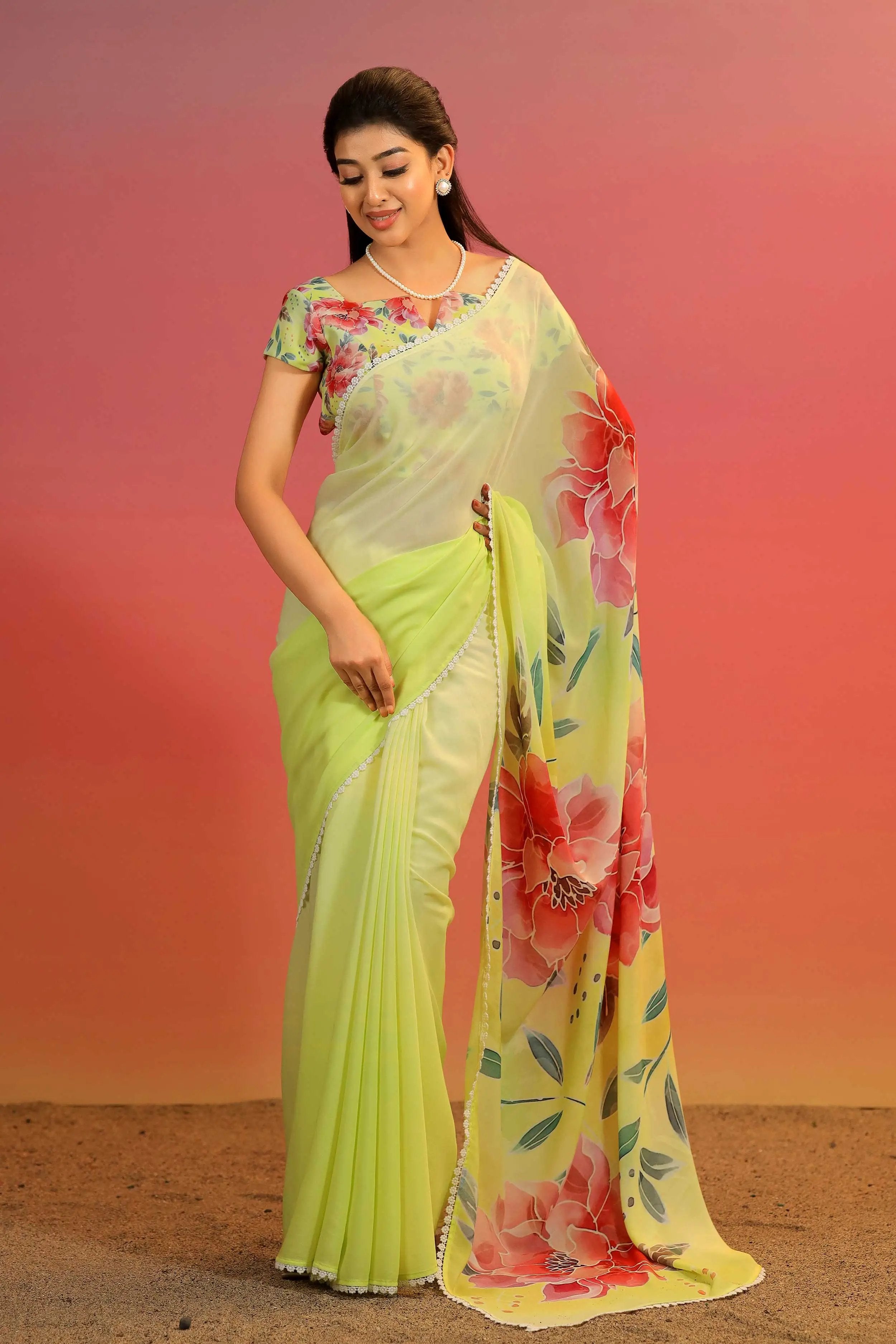 cotton georgette lemon yellow Spray Rose Saree - Bullionknot