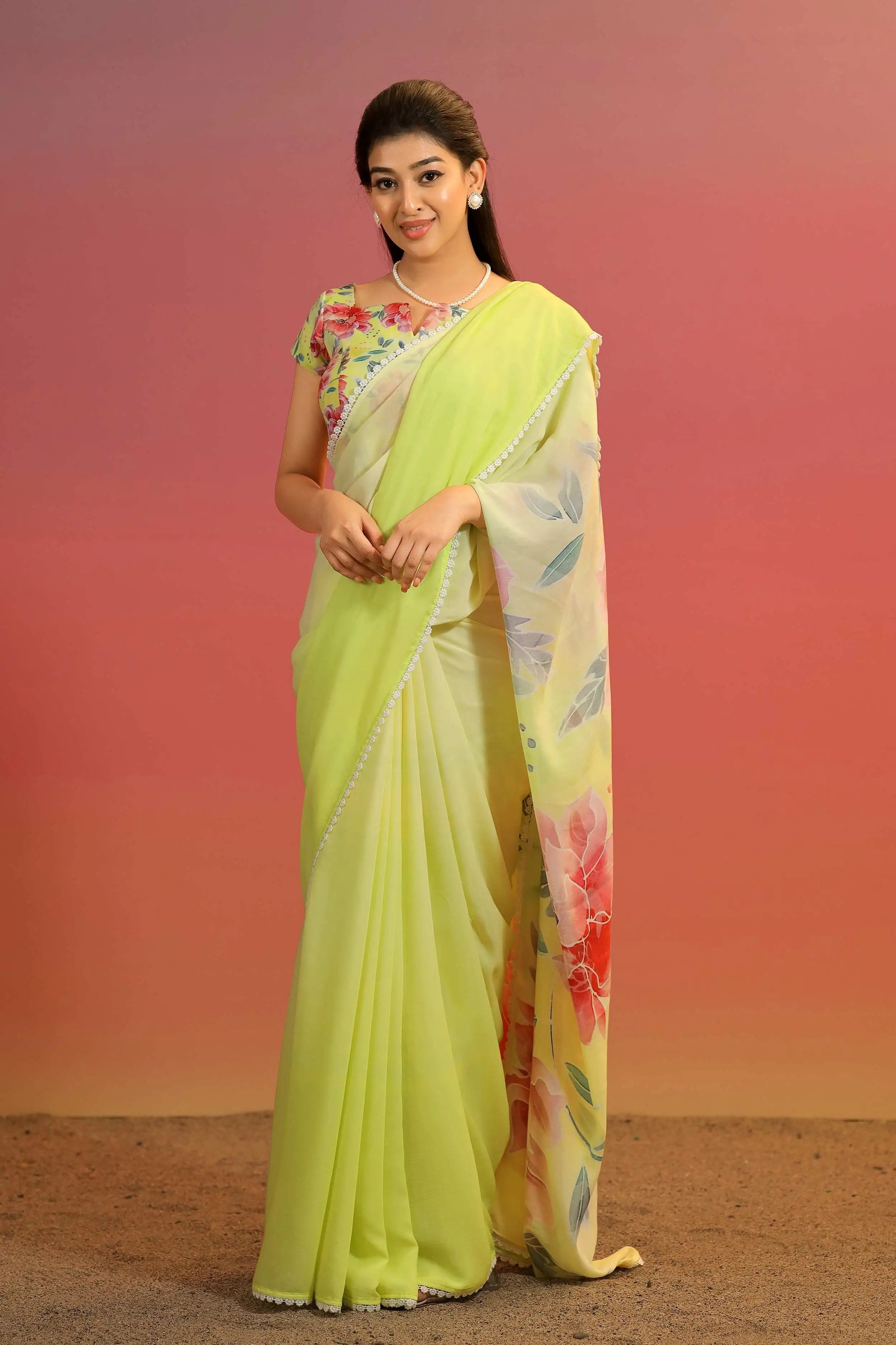 lemon yellow cotton georgette Spray Rose Saree - Bullionknot