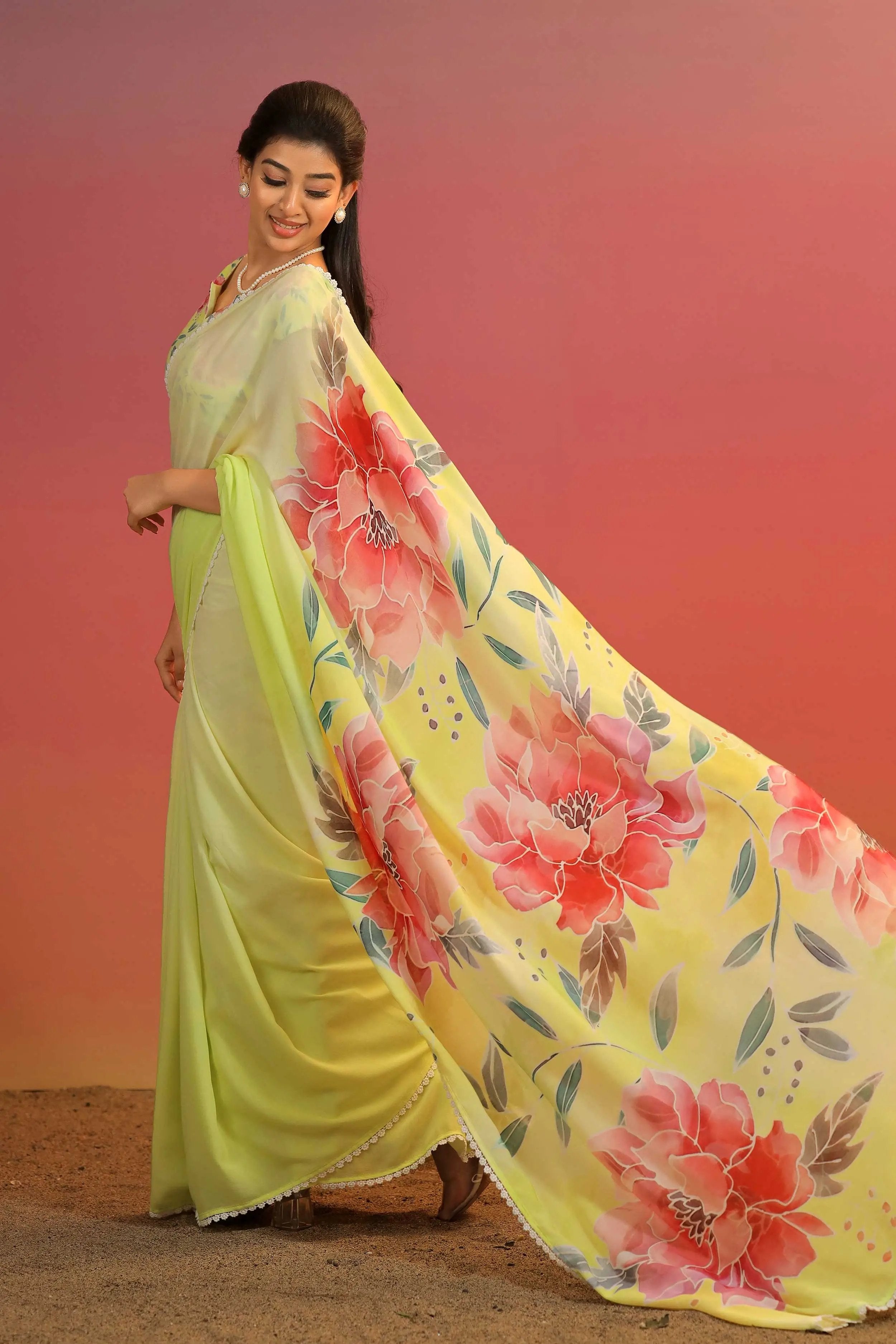 lemon yellow cotton georgette Saree - Bullionknot