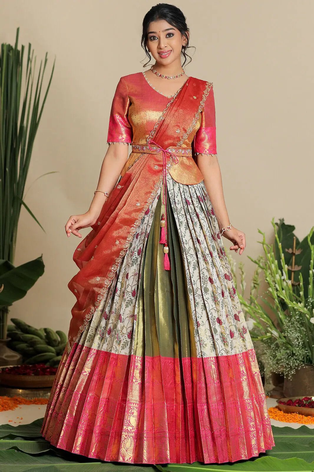 Full view of ivory half saree lehenga with floral design