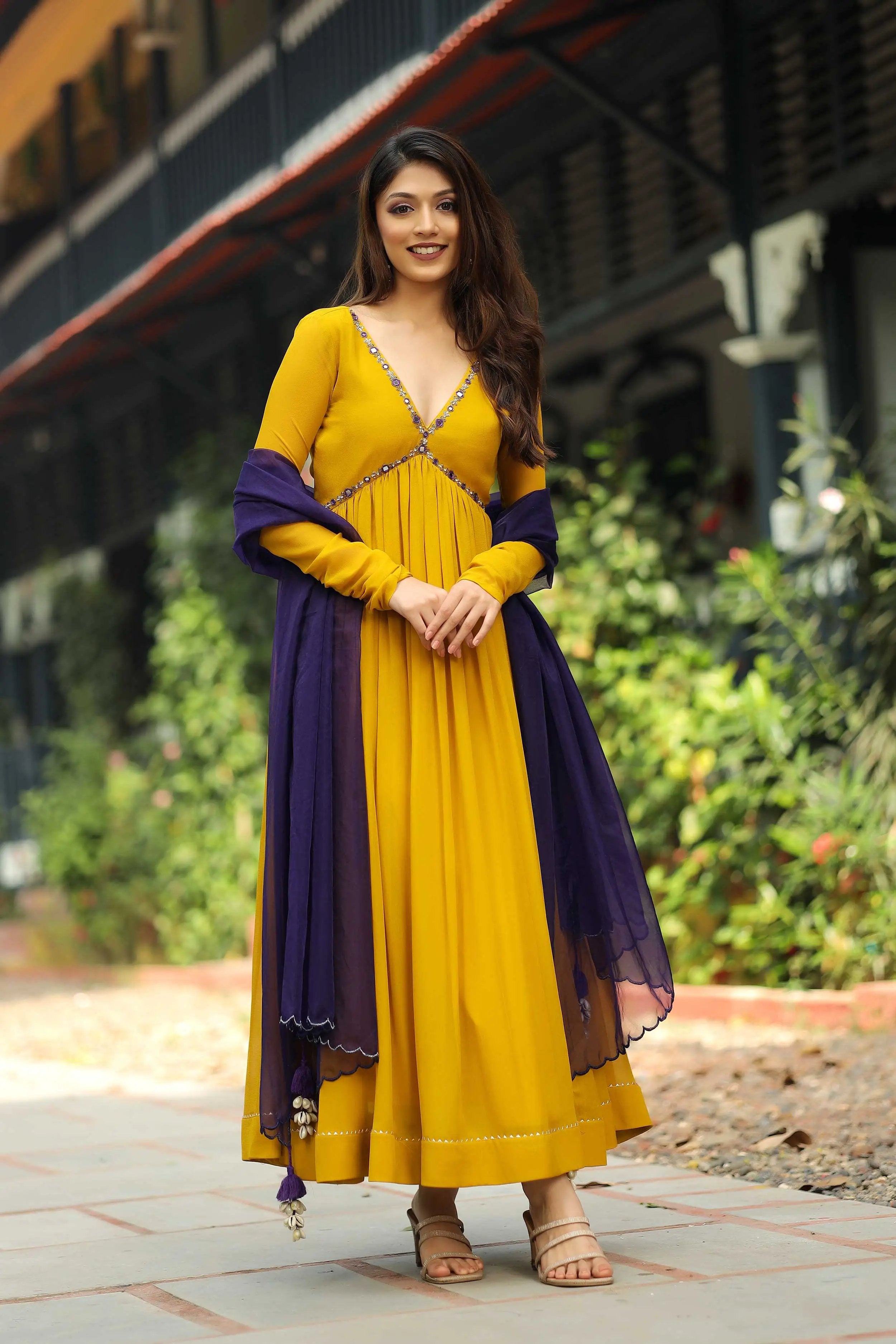 Buy Suryamukhi Yellow Anarkali Suit With Pent | Bullion Knot