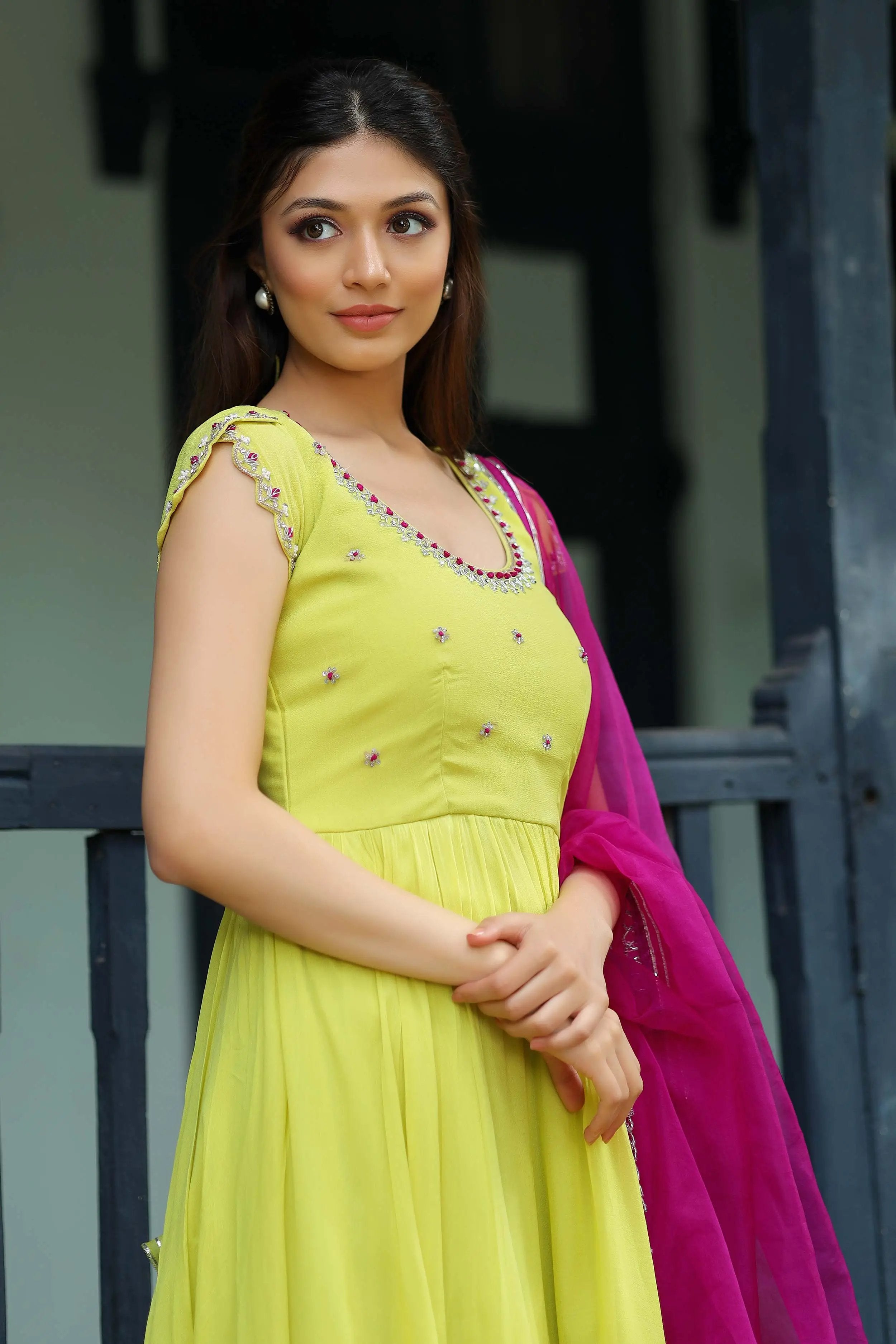 lemon yellow Tulip Anarkali Suit Set With Pent - Bullionknot