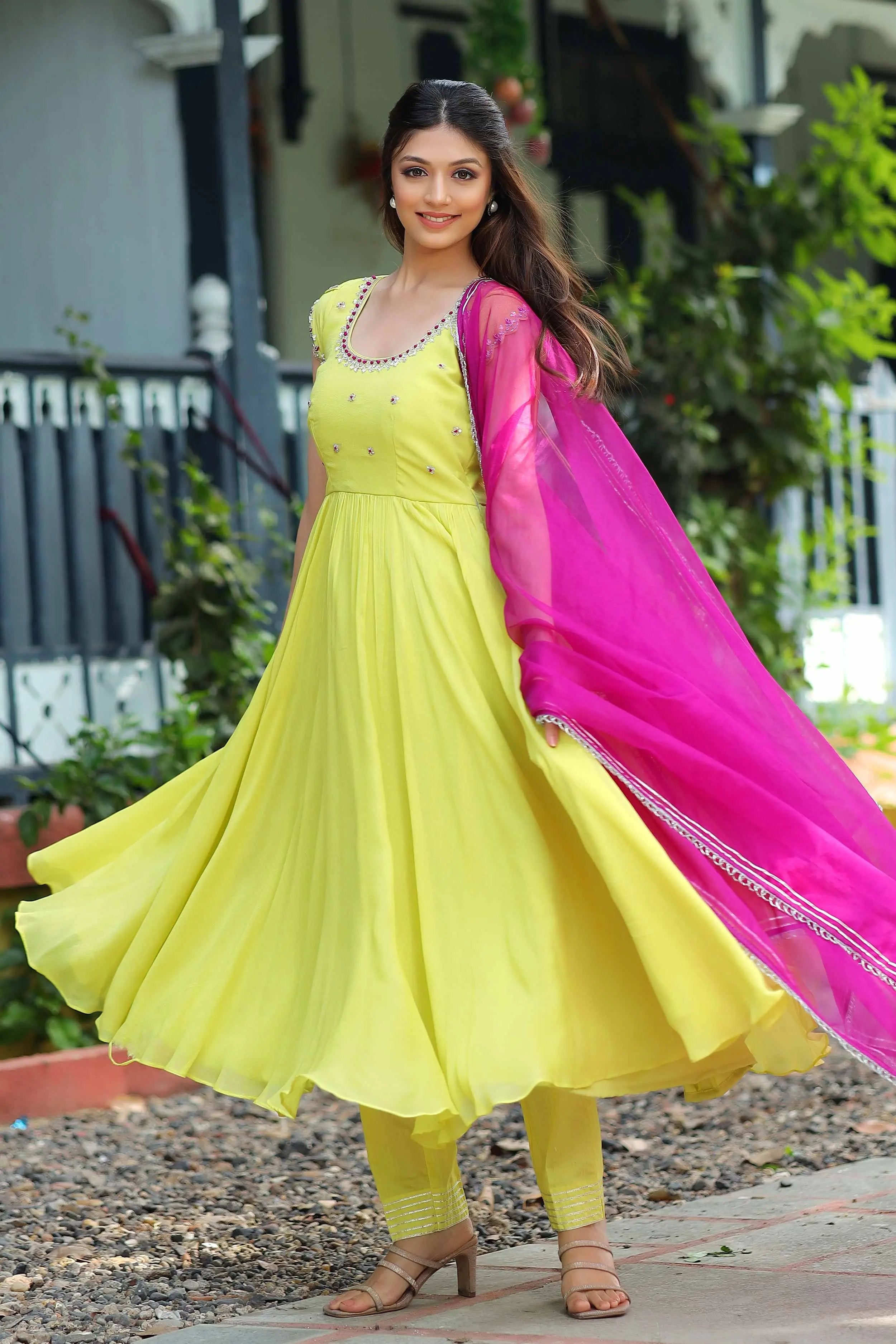 a woman in Tulip Anarkali Suit Set With Pent - Bullionknot