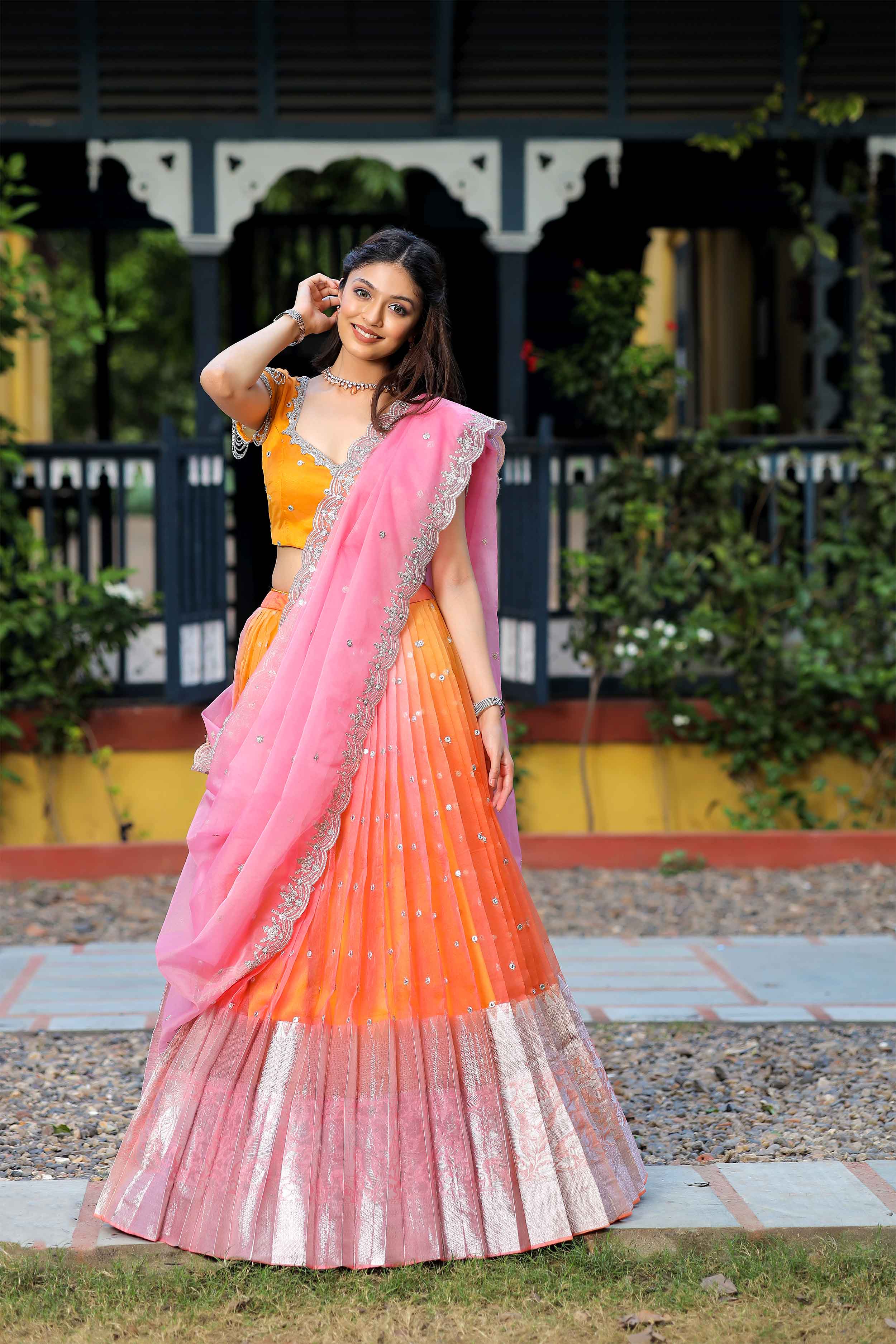 Buy Pink Organza Embroidery Mirror Work V Hand Lehenga Saree With Blouse  For Women by Nupur Kanoi Online at Aza Fashions.