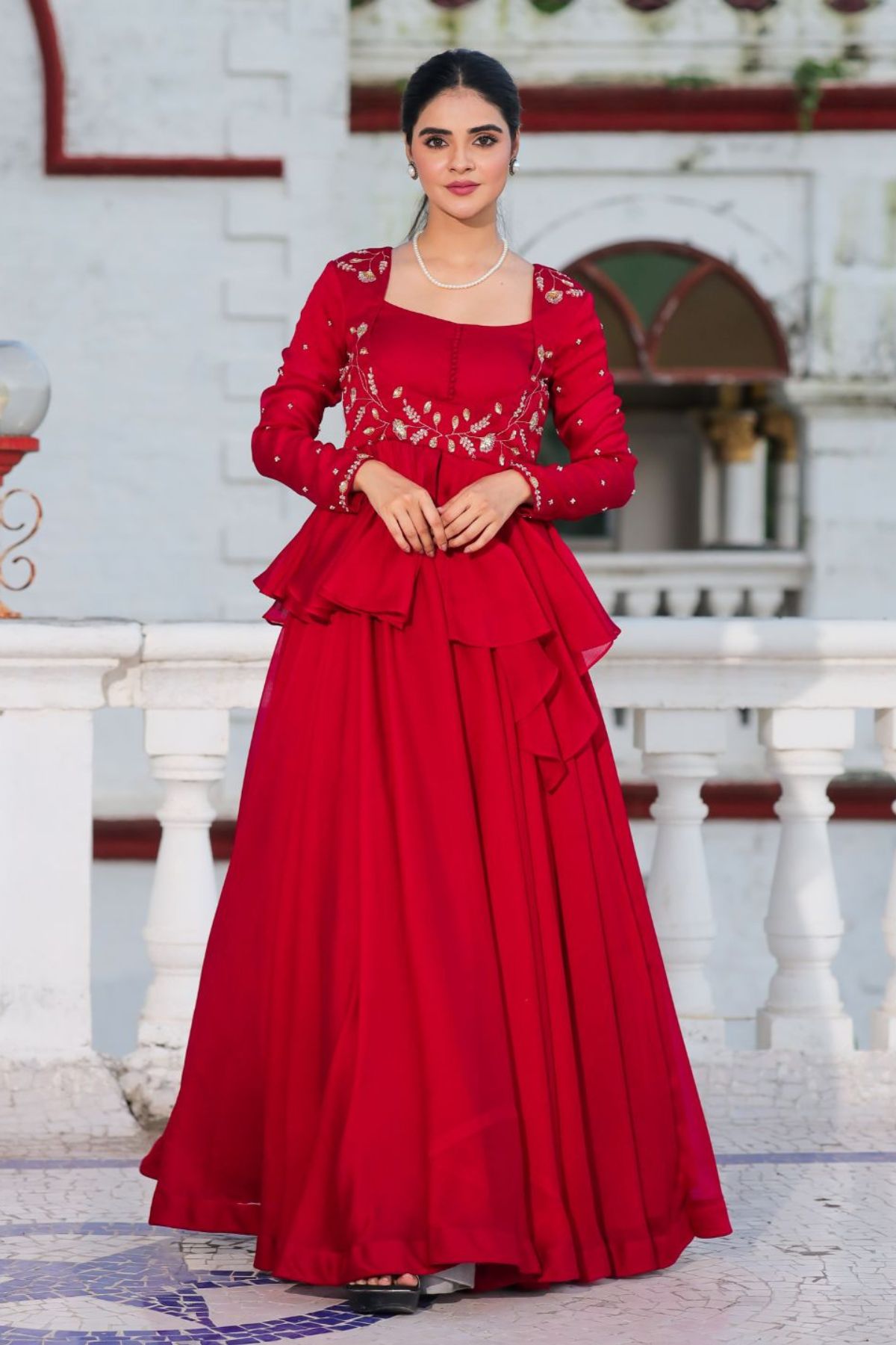 Red Indo Western dress with floral embroidery, full view