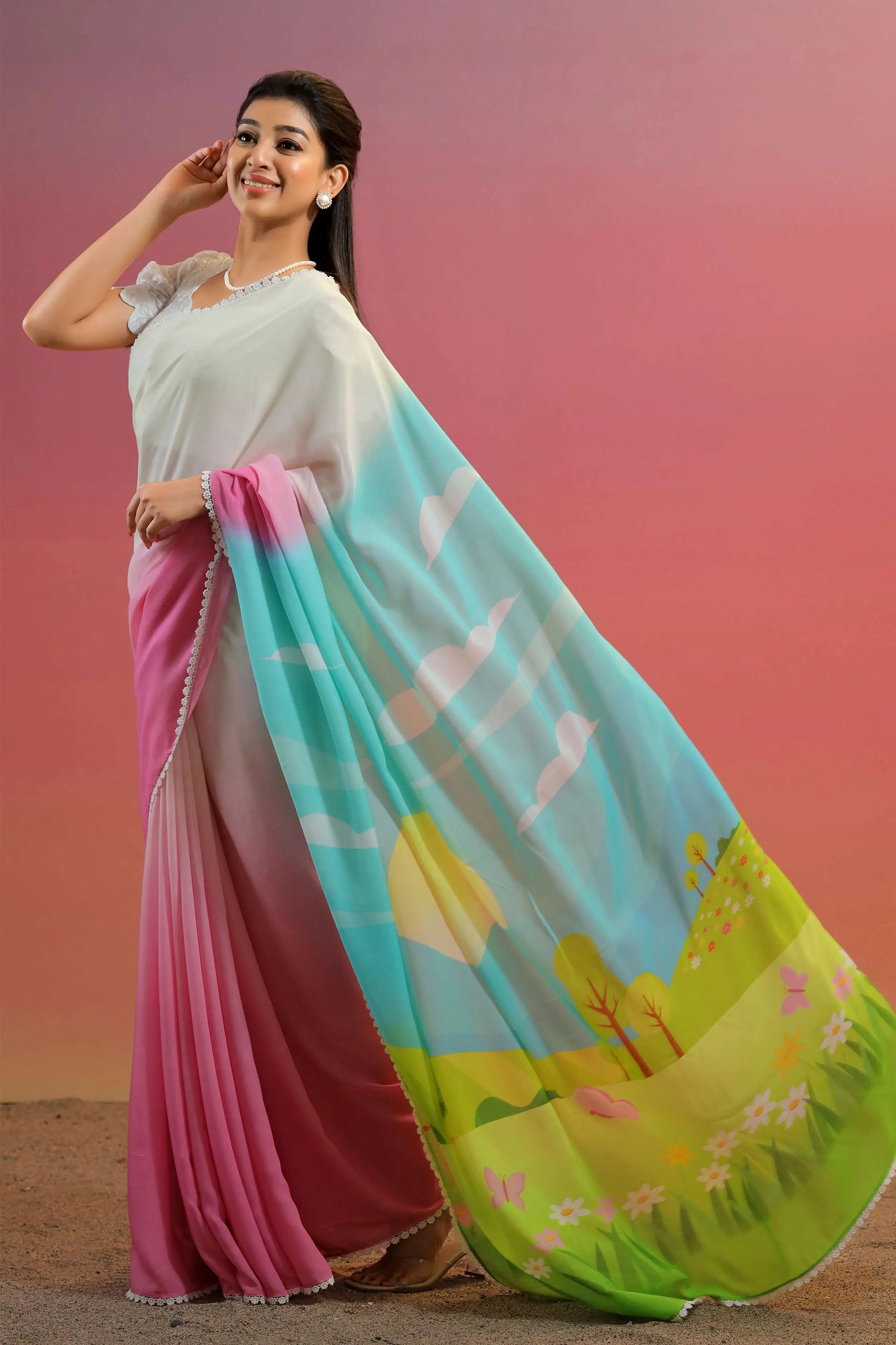 a woman in pink and white Vanmayi Saree - Bullionknot