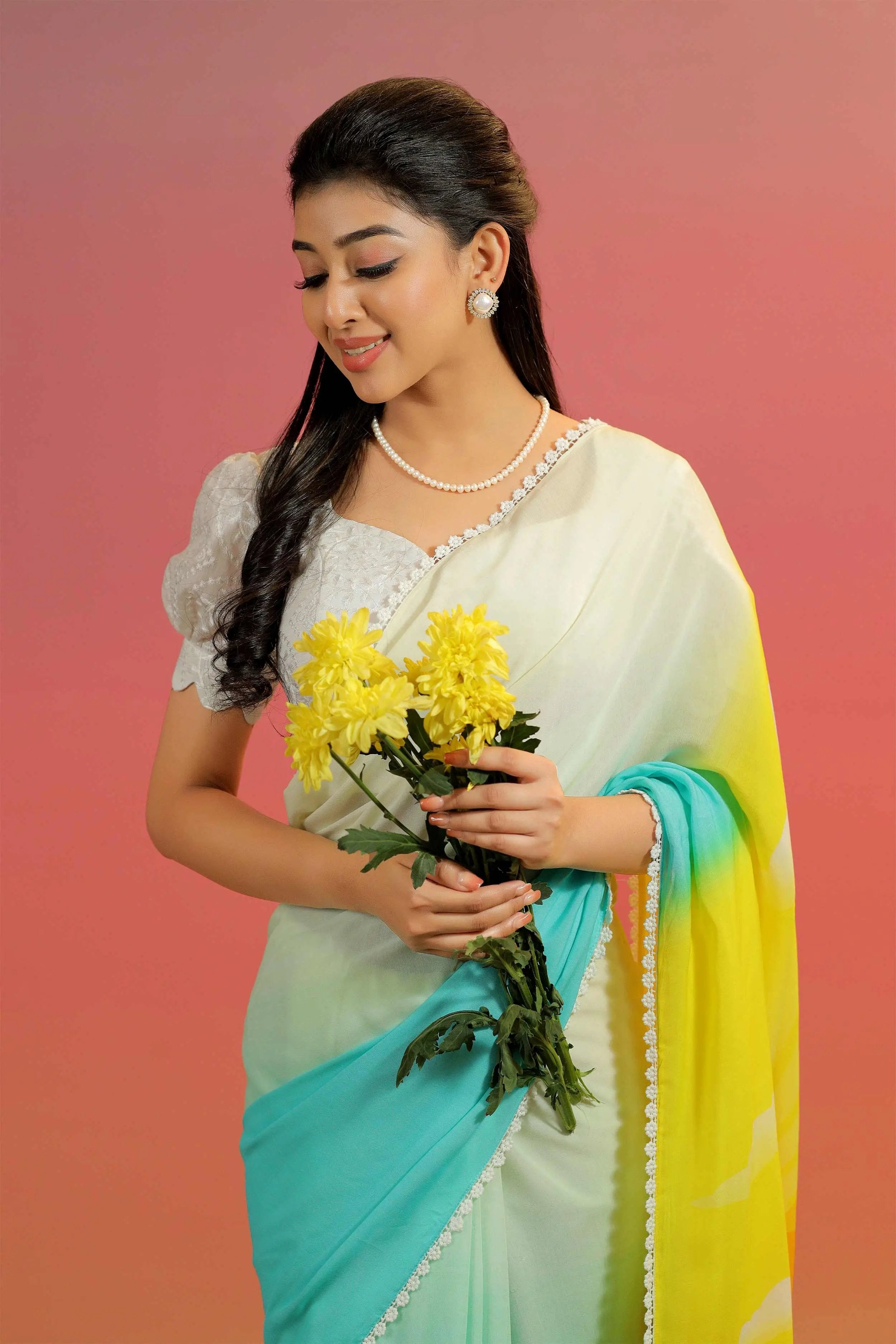 a woman in sky blue, white Varada Saree - Bullionknot