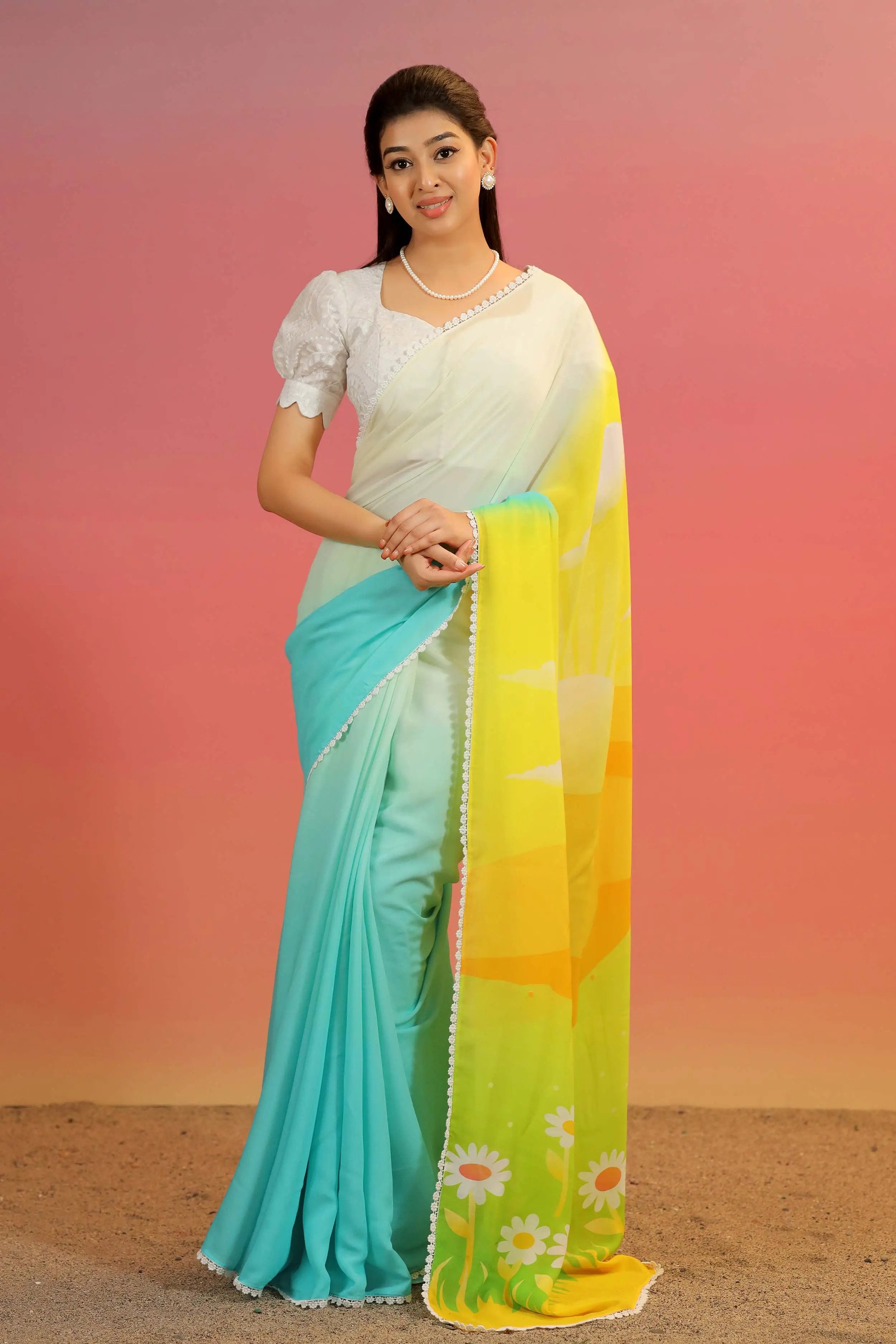 a woman in cotton gerogette Varada Saree - Bullionknot