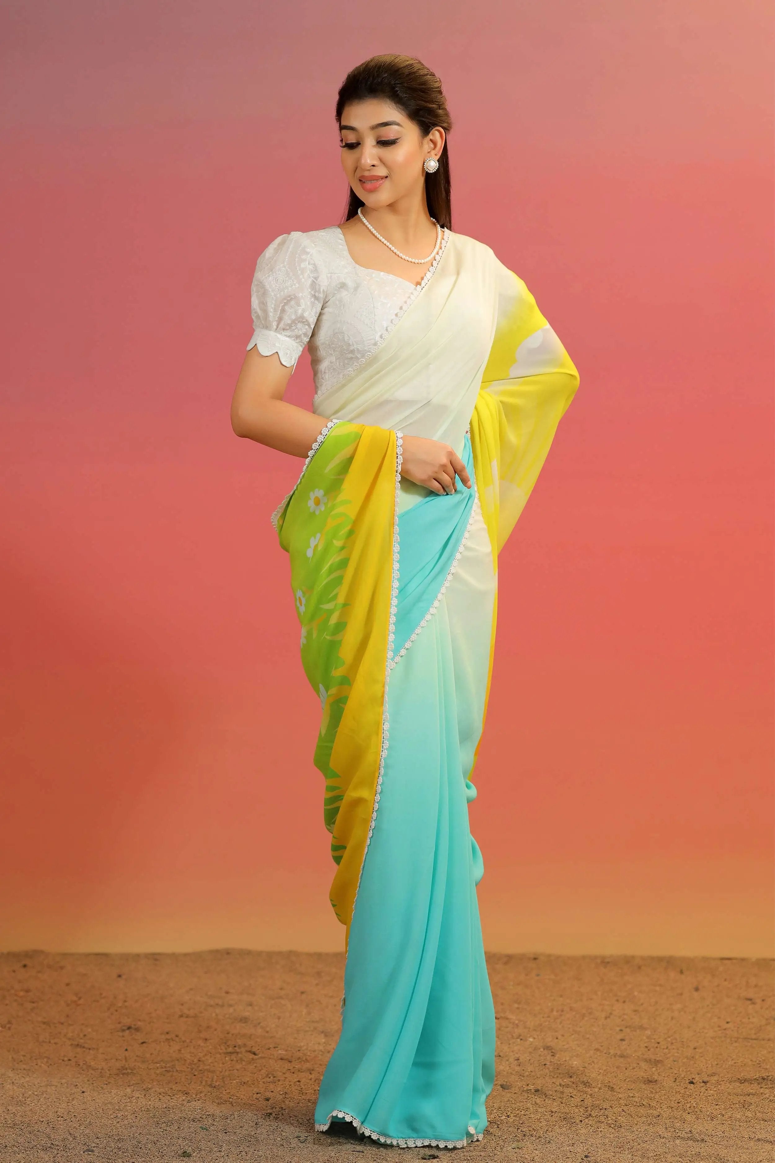 a woman in cotton gerogette sky blue and white Saree - Bullionknot