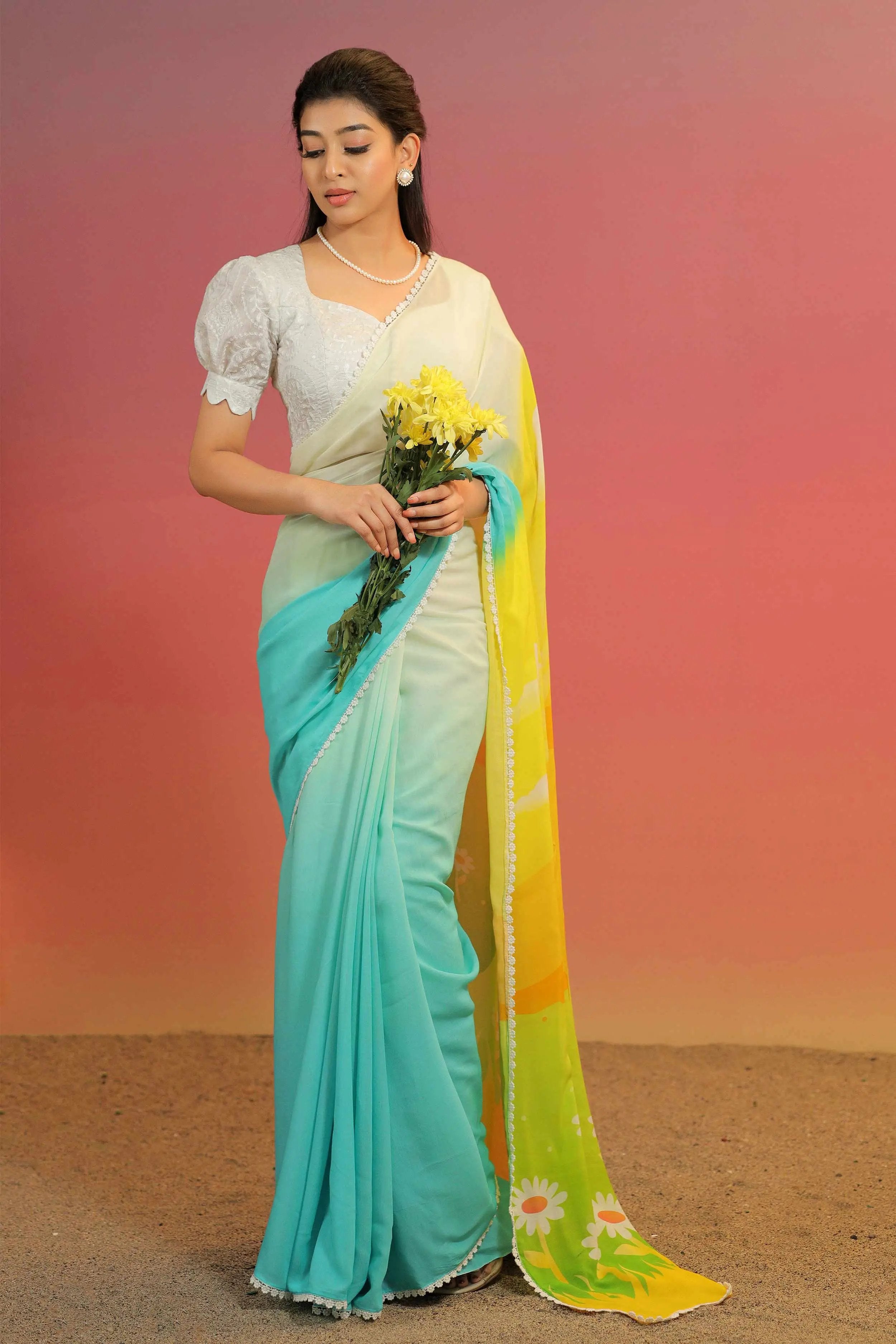 cotton gerogette sky blue and white Varada Saree - Bullionknot