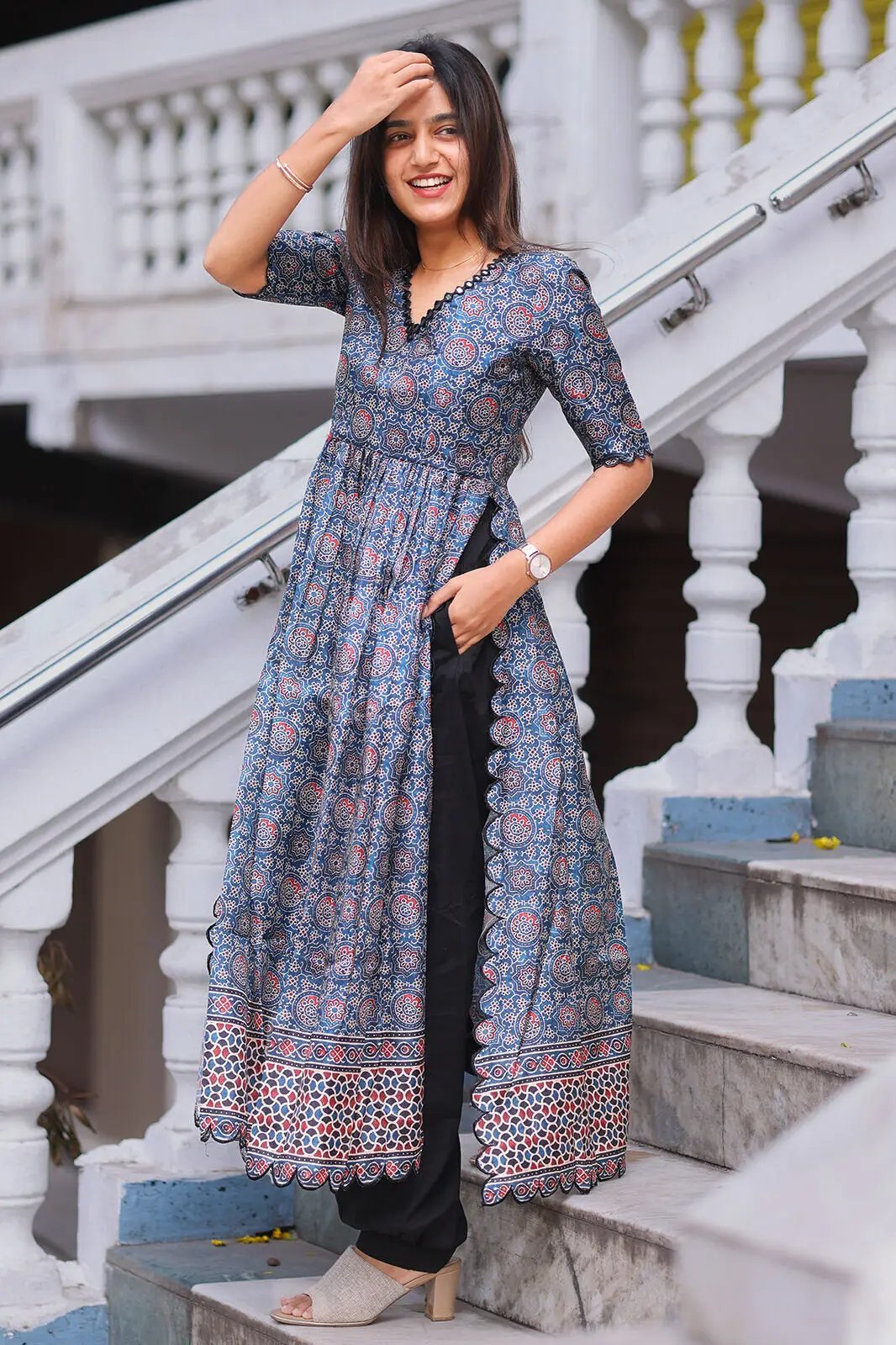 Yashna Ajarakh Kurta Set with black pants, smiling model