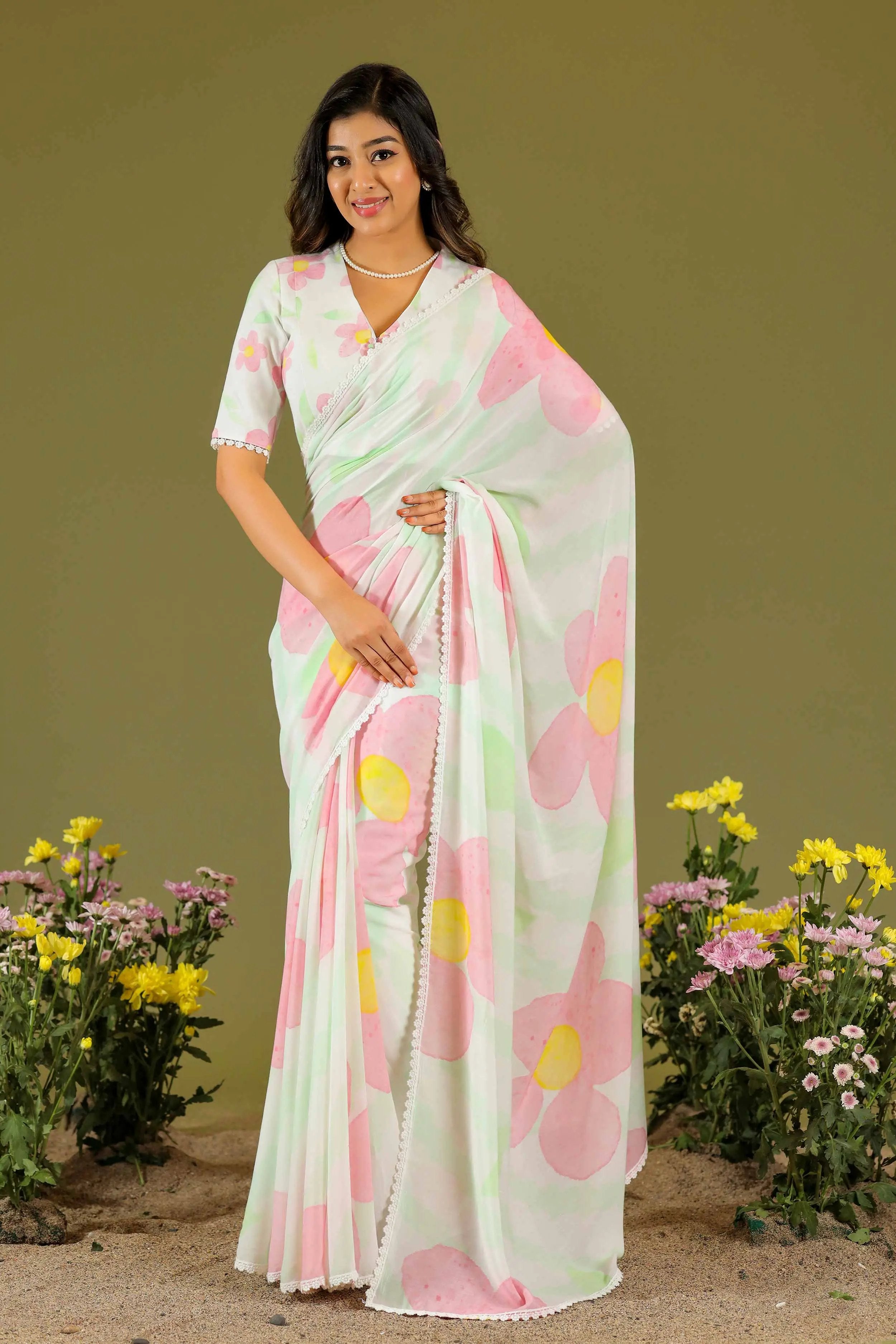 a woman in printed cotton Saree - Bullionknot