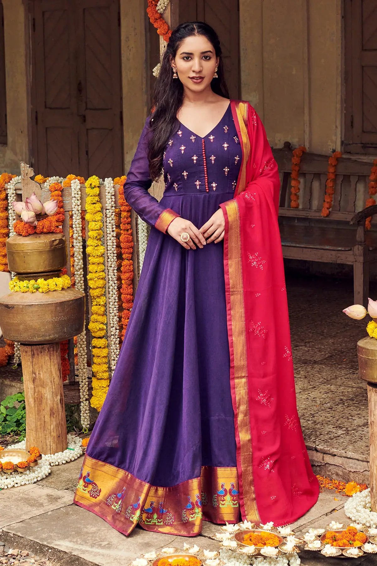 Pranusha Handloom Anarkali Dress in purple with red dupatta