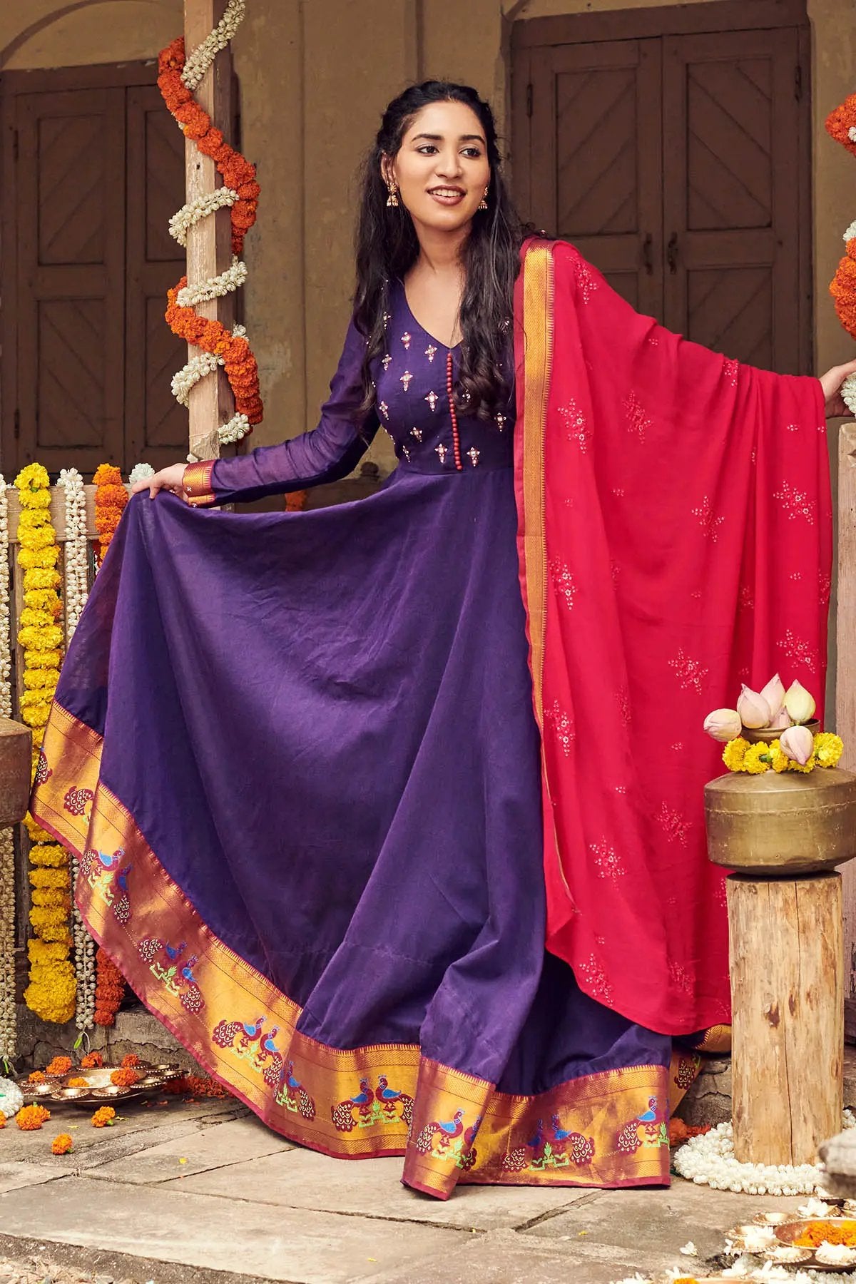 Purple Anarkali dress with detailed embroidery and red dupatta