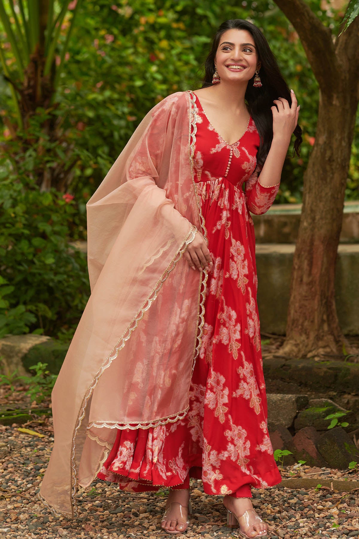 a woman in red dress