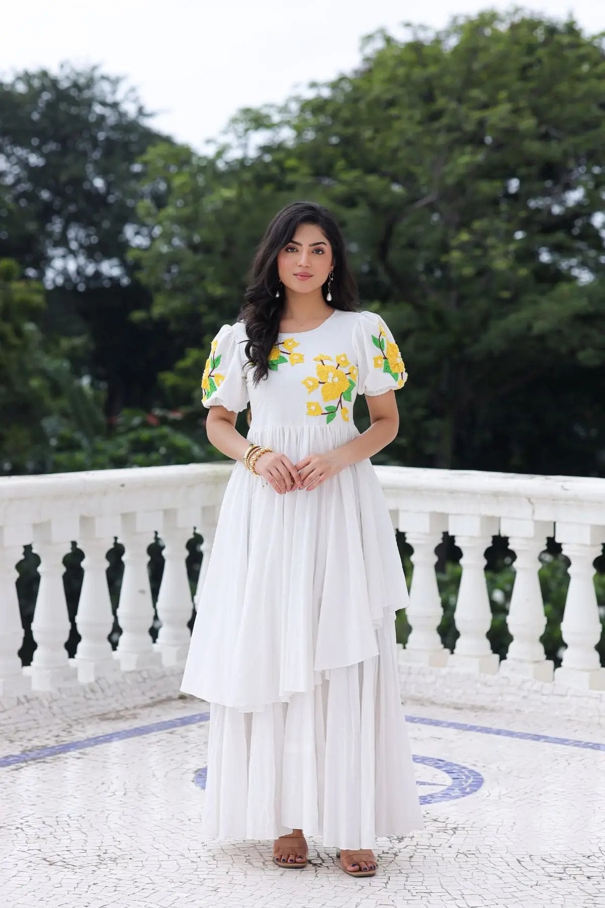 White Marigold Maxi Dress, elegant front pose