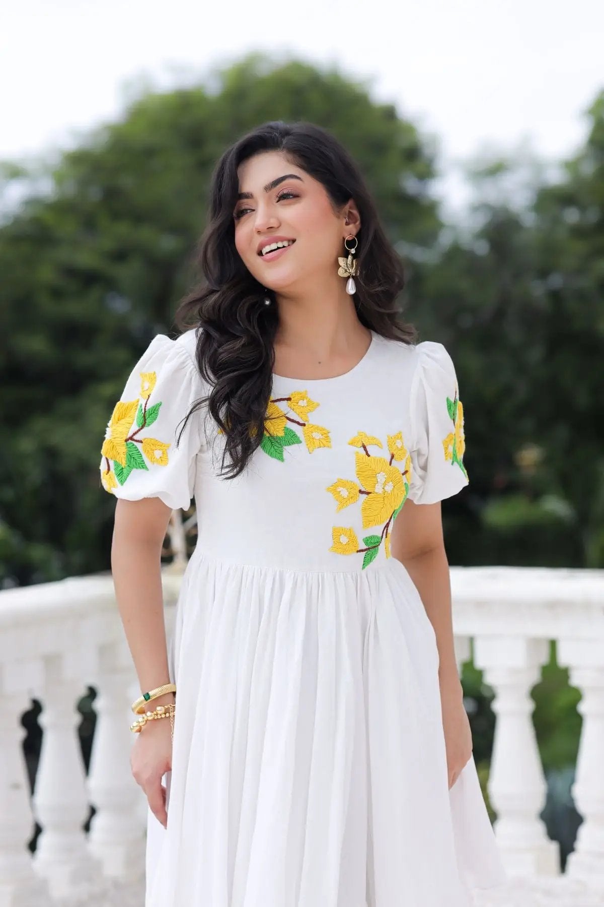 White Marigold Maxi Dress with yellow floral details