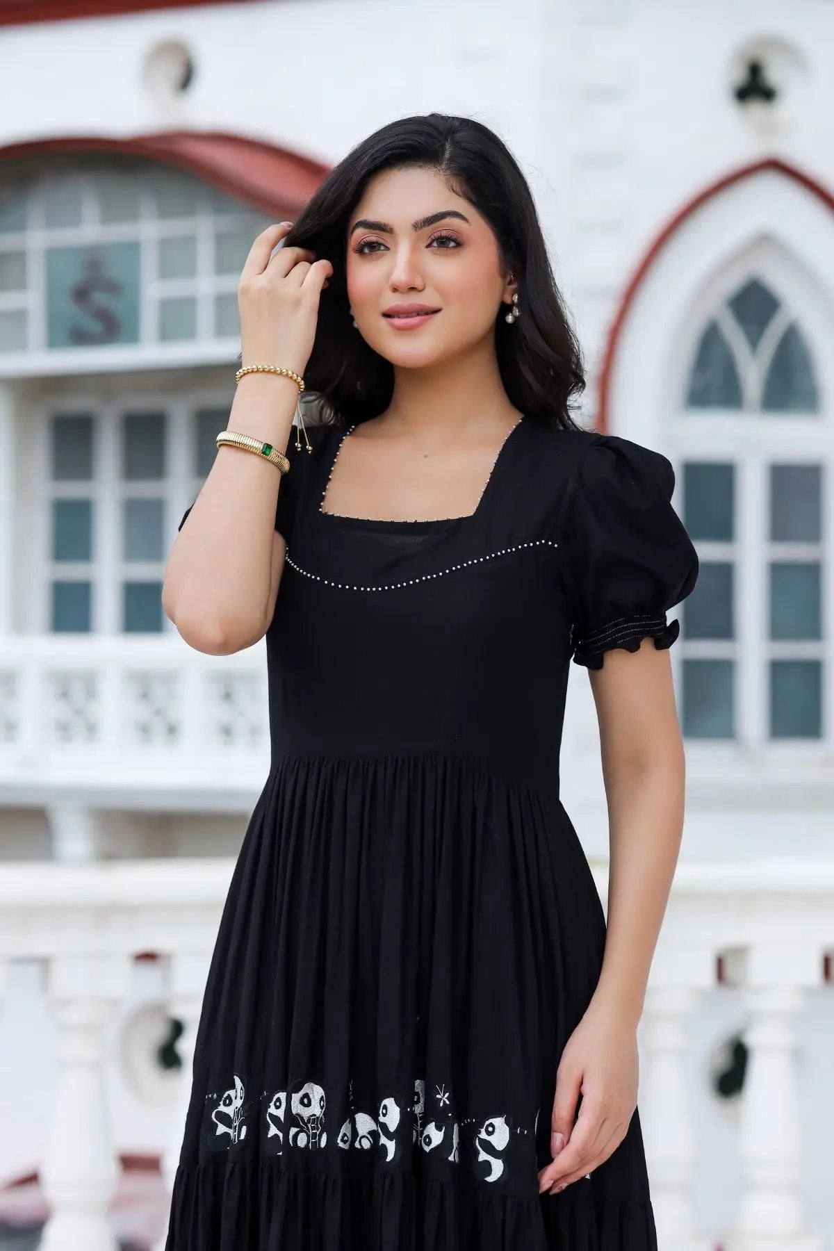 Stylish black long dress with square neckline