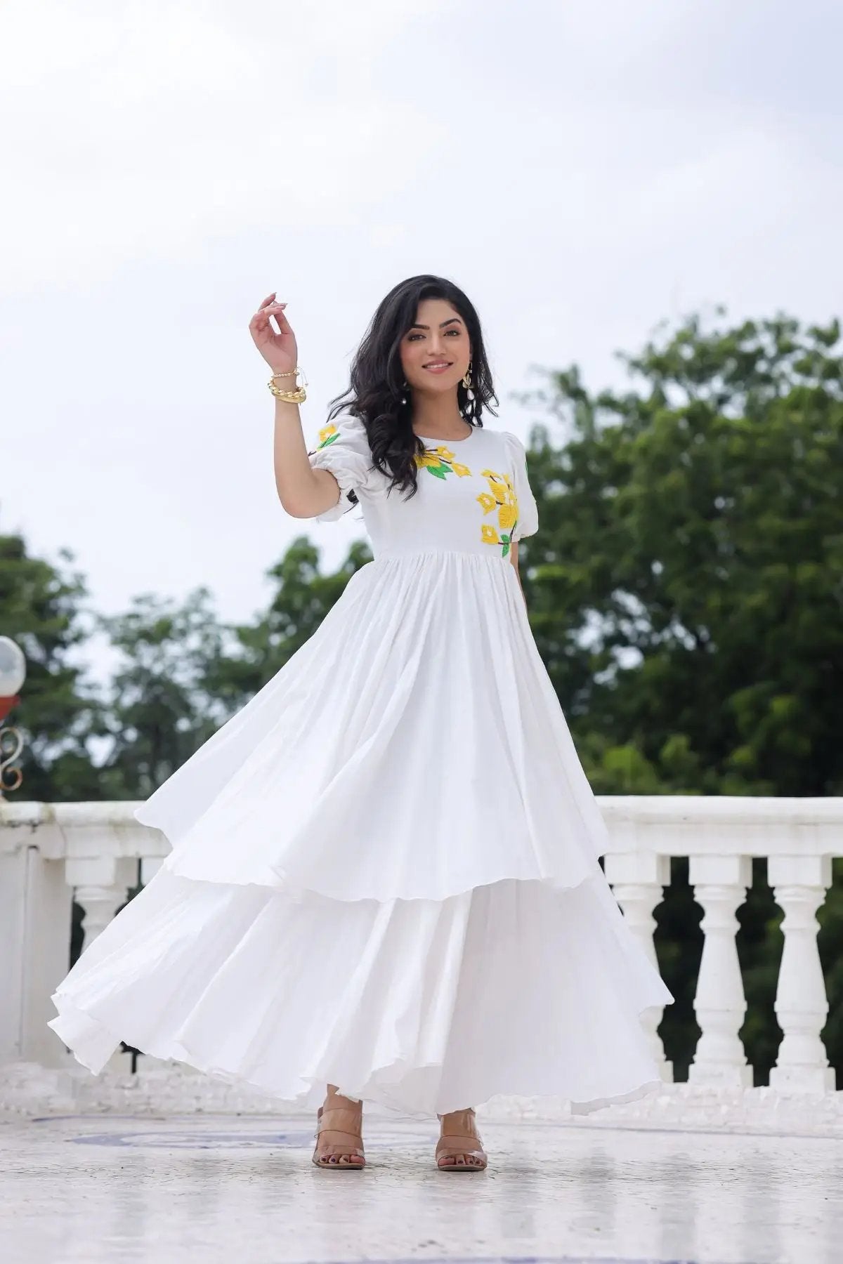 White Marigold Maxi Dress flowing in the breeze