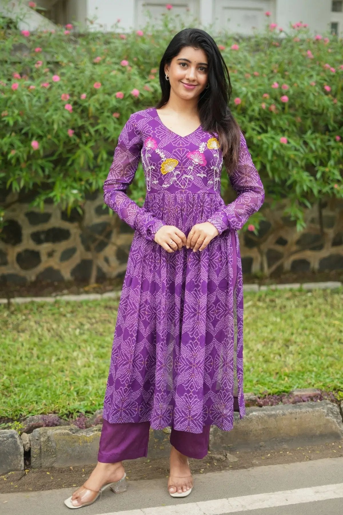 Panna Bandhej Kurta Set in purple with floral applique embroidery, featuring a georgette kurta and straight pants, perfect for weddings and festive wear.