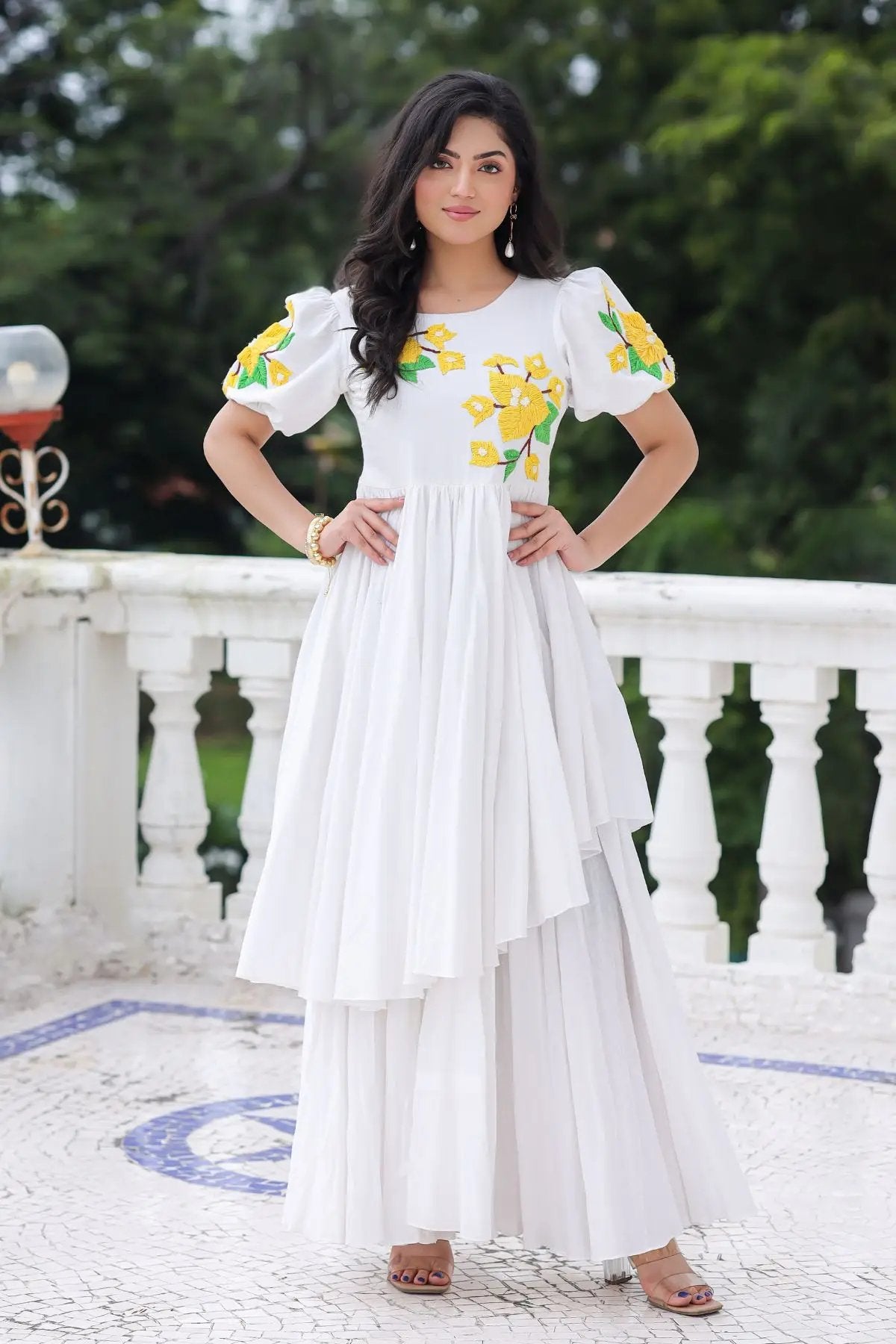 White Marigold Maxi Dress with floral embroidery, front view