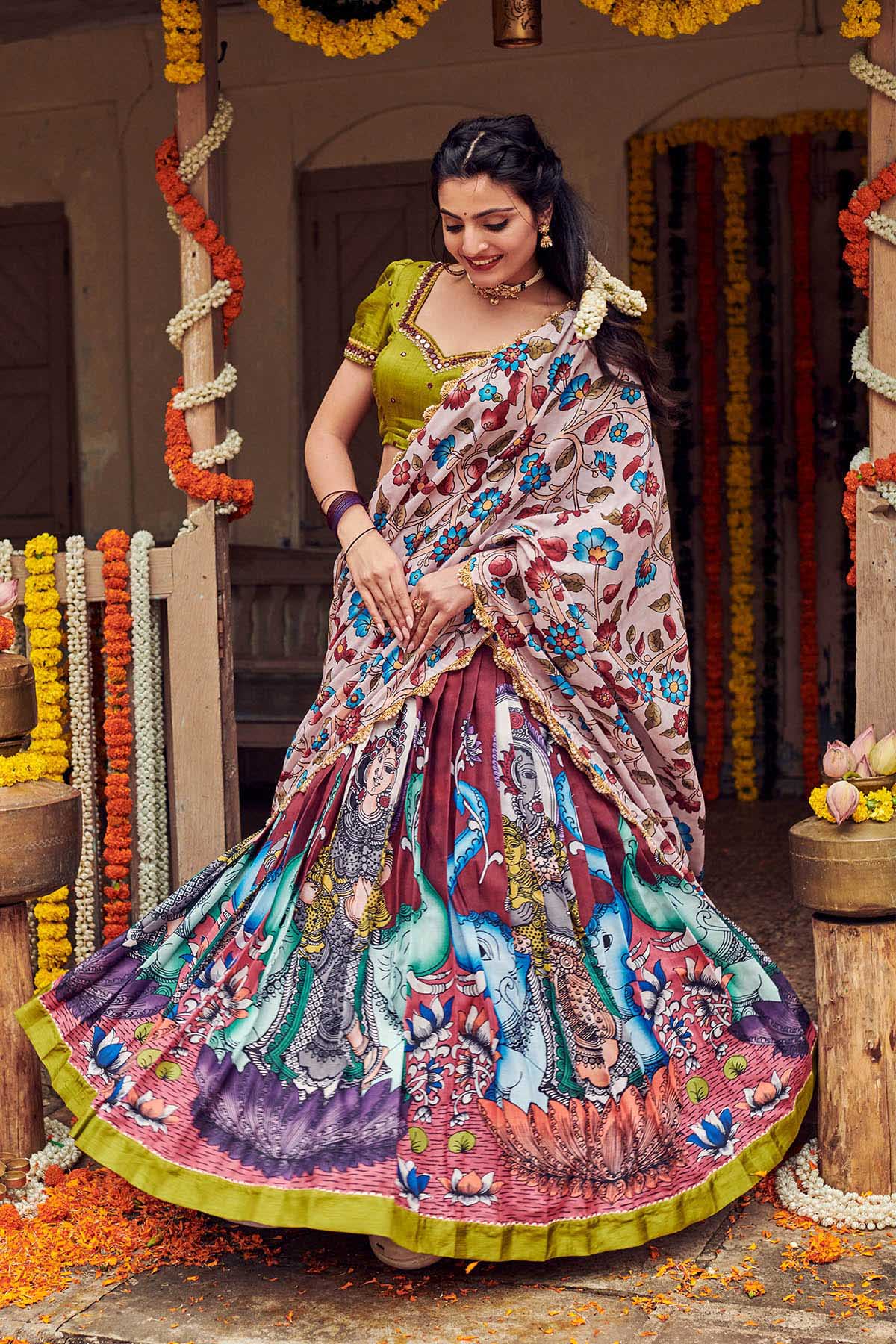 Pink Pure Mangalagiri Silk Cotton Lehenga hand painted kalamkari blous –  Shruthi's sarees