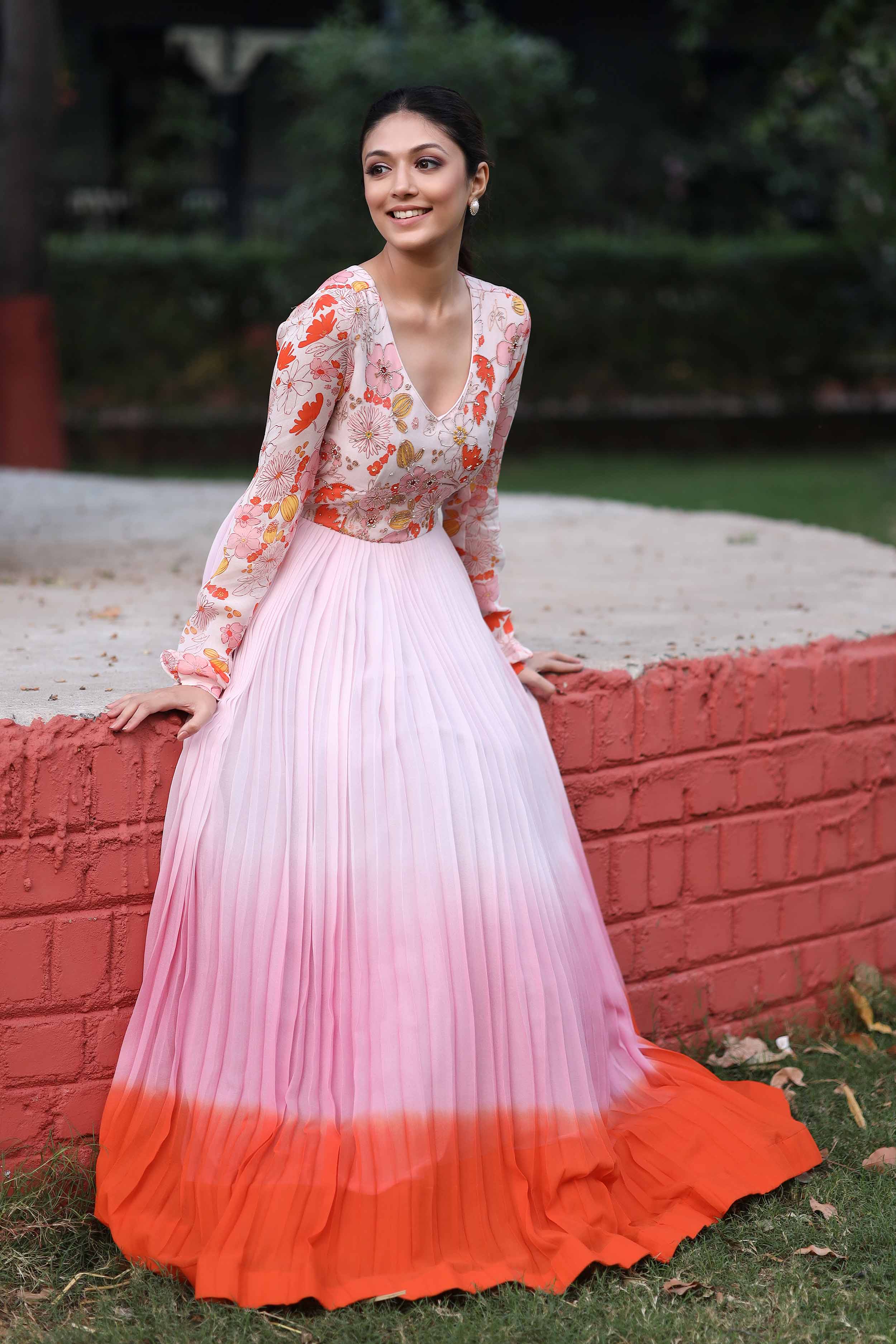 pink and orange party wear gown