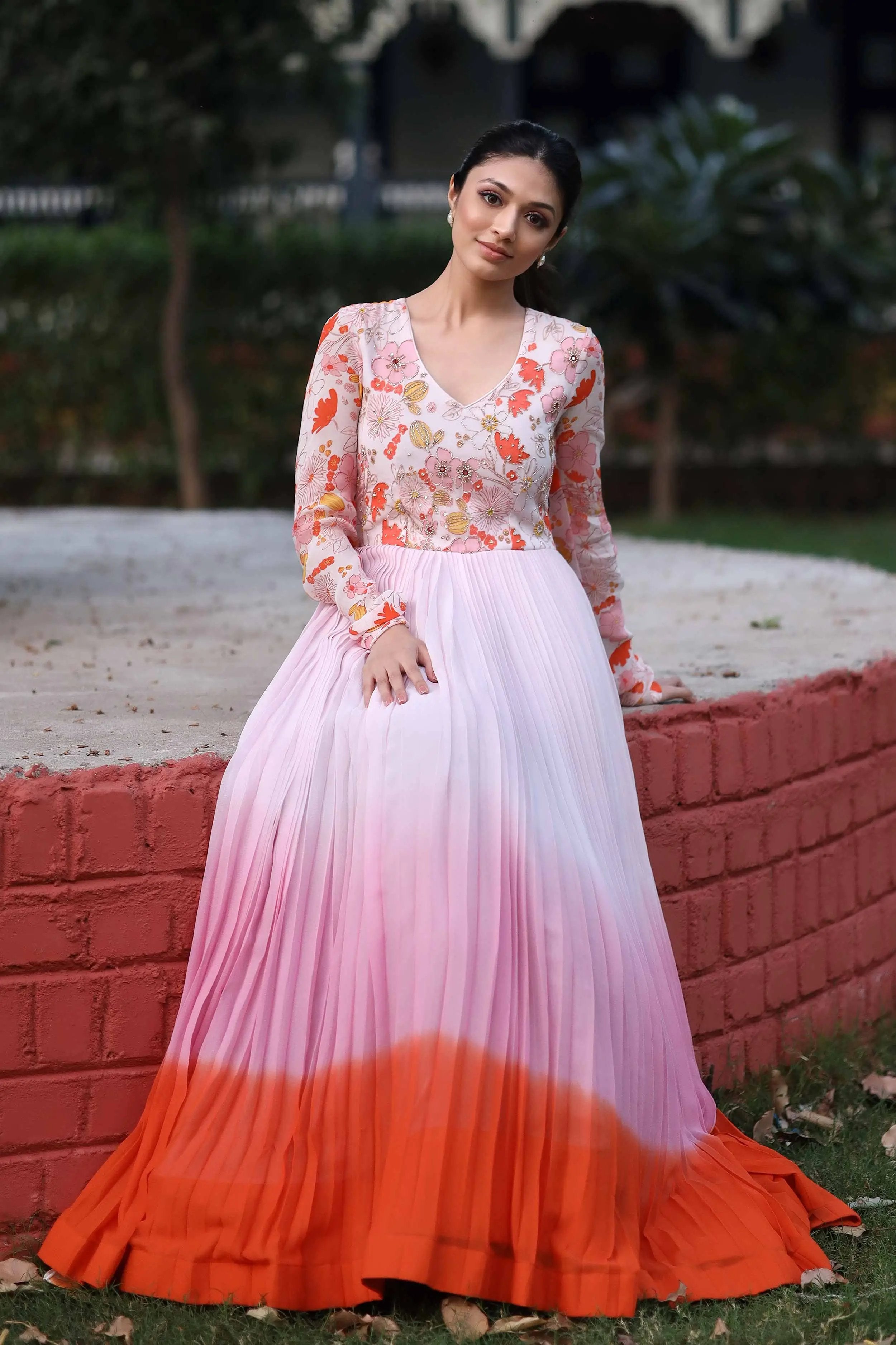 pink and orange party wear long dress