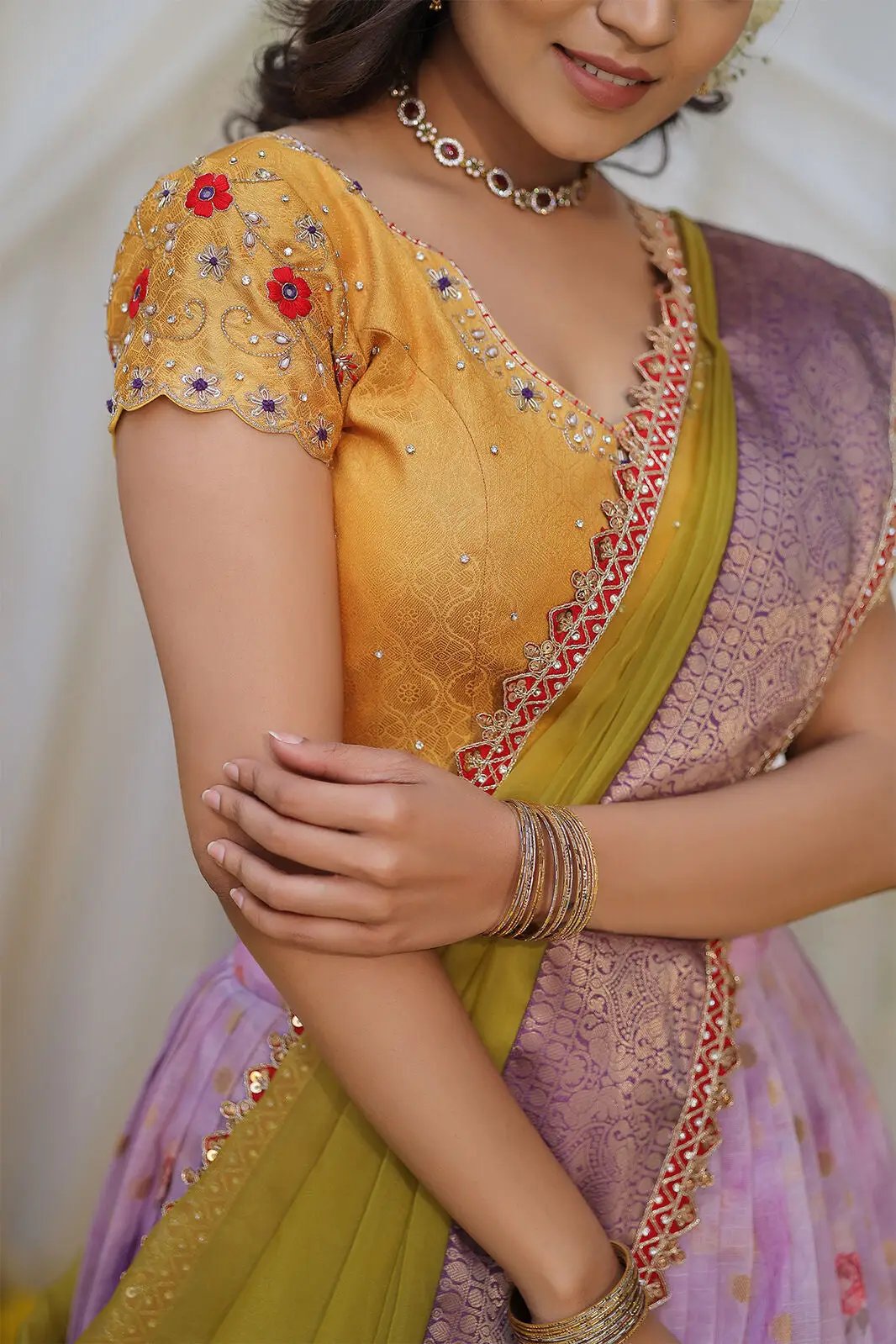 Close-up of Sweet Pea Lehenga with intricate blouse details