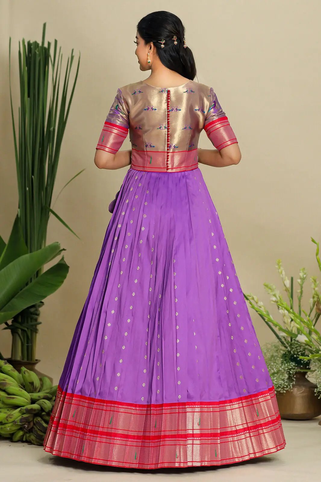 Back view of pastel purple Banarasi dress