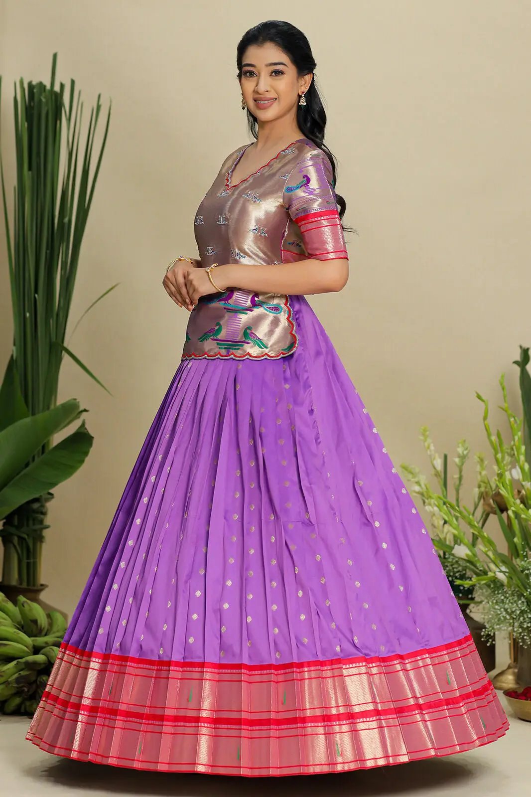 Side view of pastel purple Banarasi dress