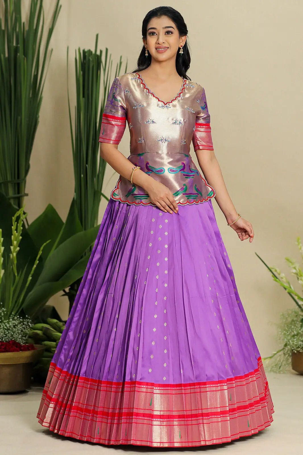 Front view of pastel purple Banarasi dress