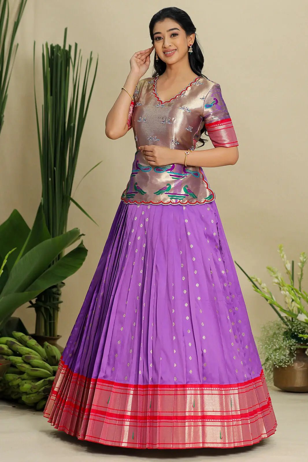 Pastel purple Banarasi dress with intricate designs