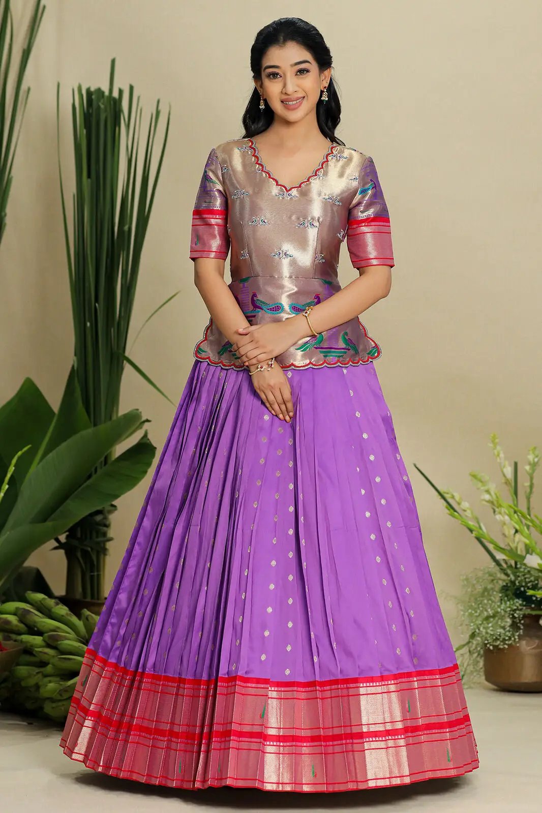 Full view of pastel purple Banarasi dress