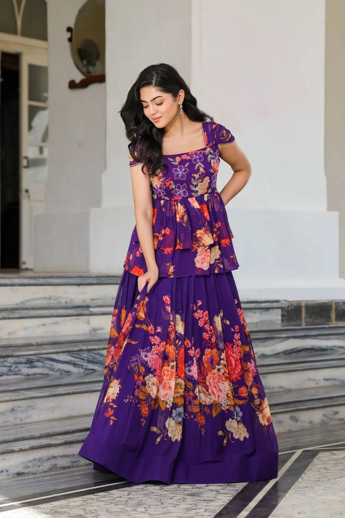 Purple IndoWestern dress with layered floral design