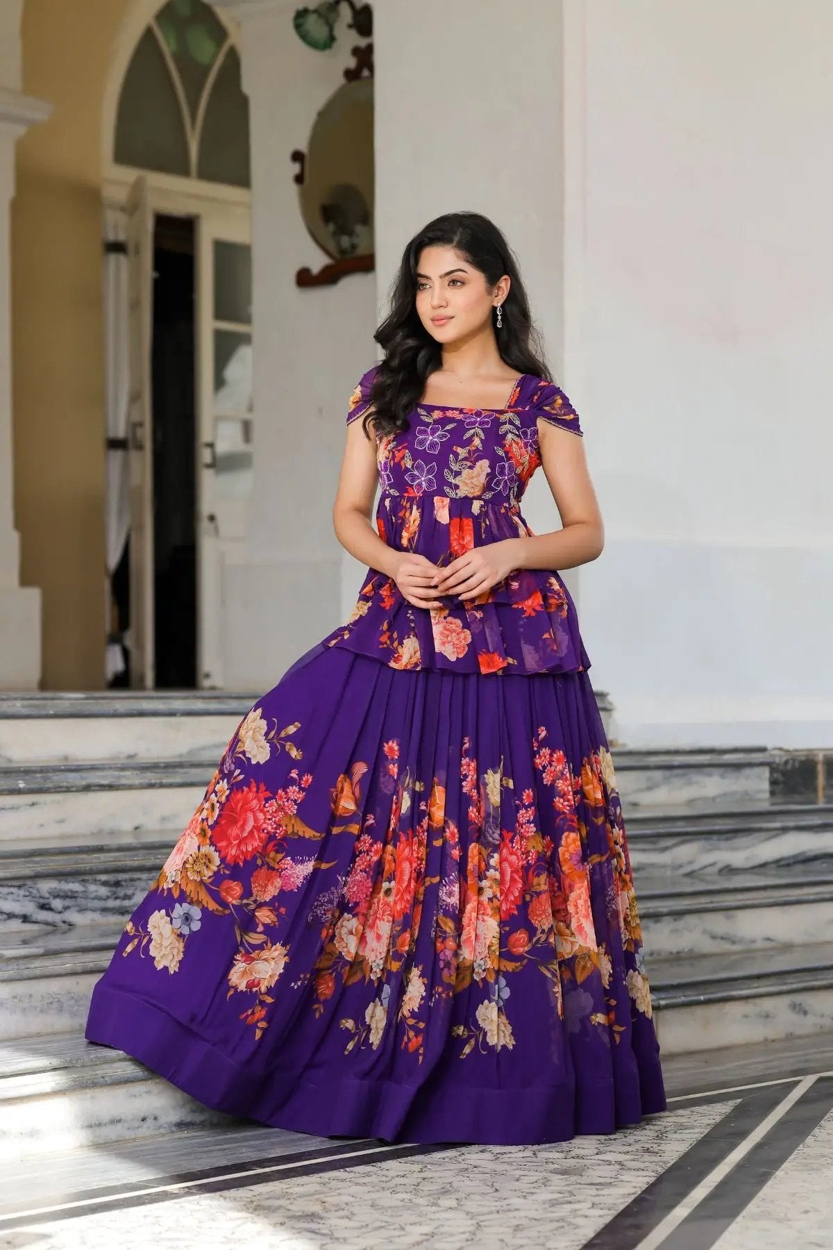 Stylish Ziana IndoWestern dress in purple with flowers